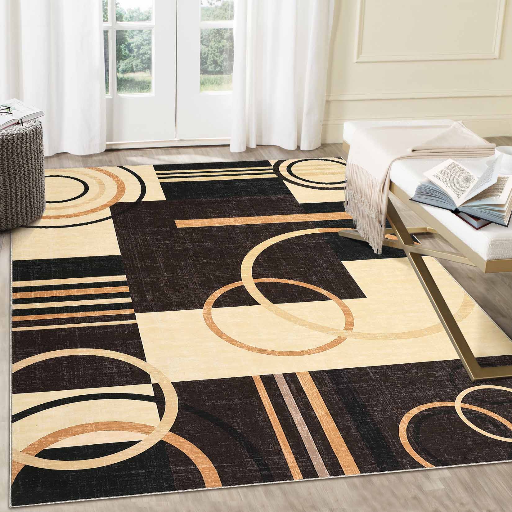 Garvee YXY-LO-PHO-15NDAI9J 5 x 7 (ft) Loomed Brown Rectangular Indoor Geometric Mid-Century Modern Machine washable Pet Friendly Area rug