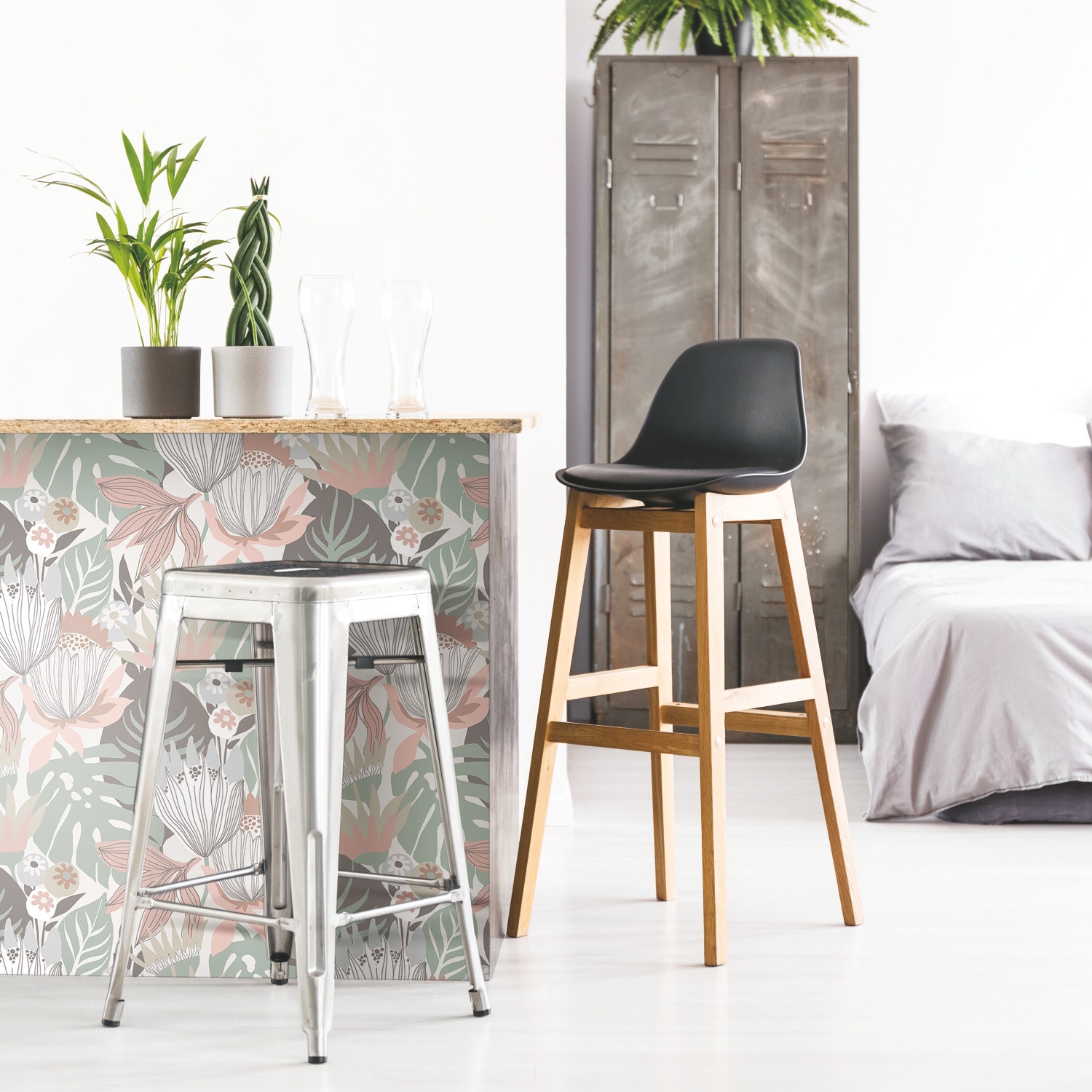Pink and Green Tropical Leaves Peel and Stick Vinyl Wallpaper