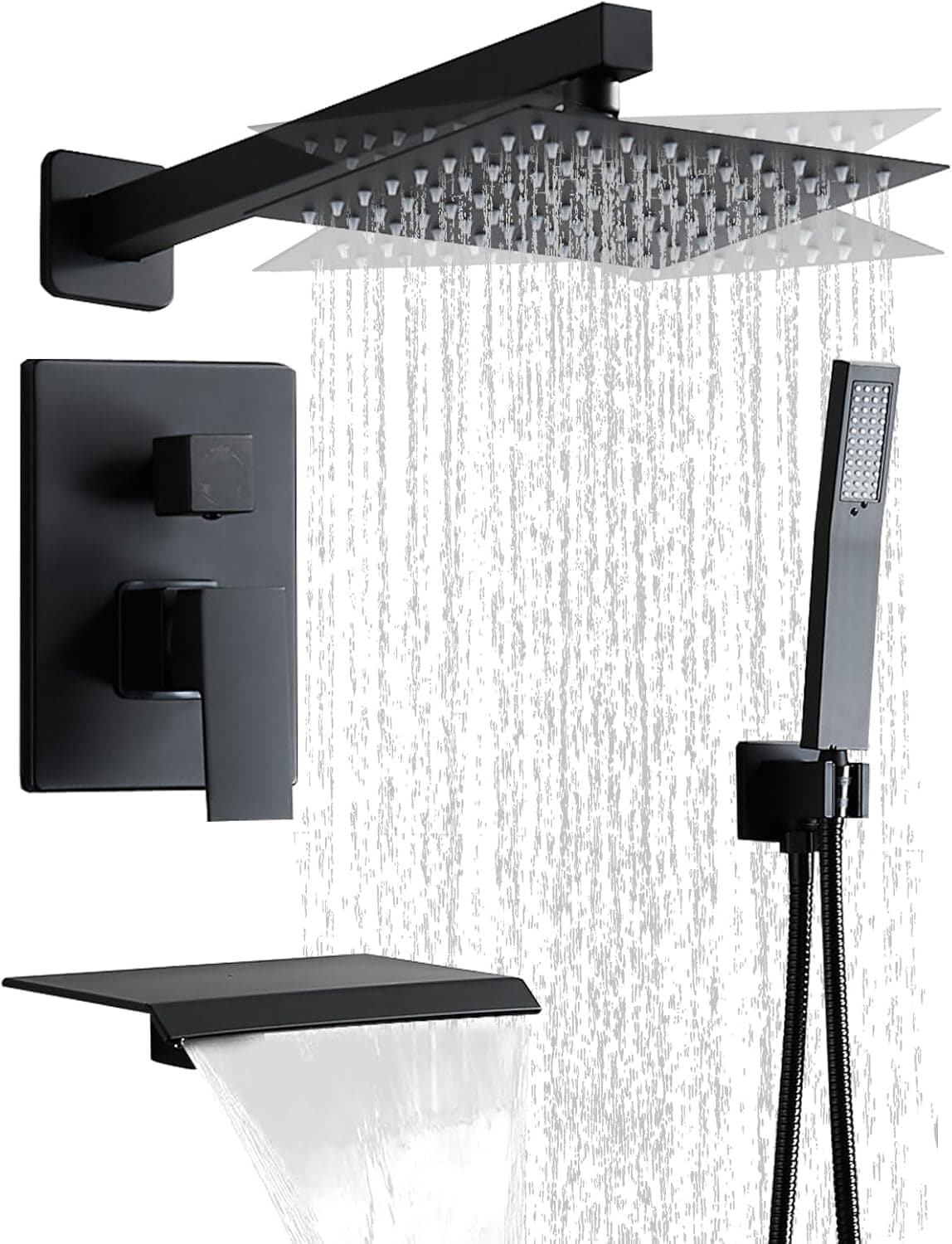 KIWDZFU  Matte Black Shower Faucet 12 Inch Set with Tub Spout Shower Head and Handle with 2 Hooks Rain System Square Wall Mount for Bathroom