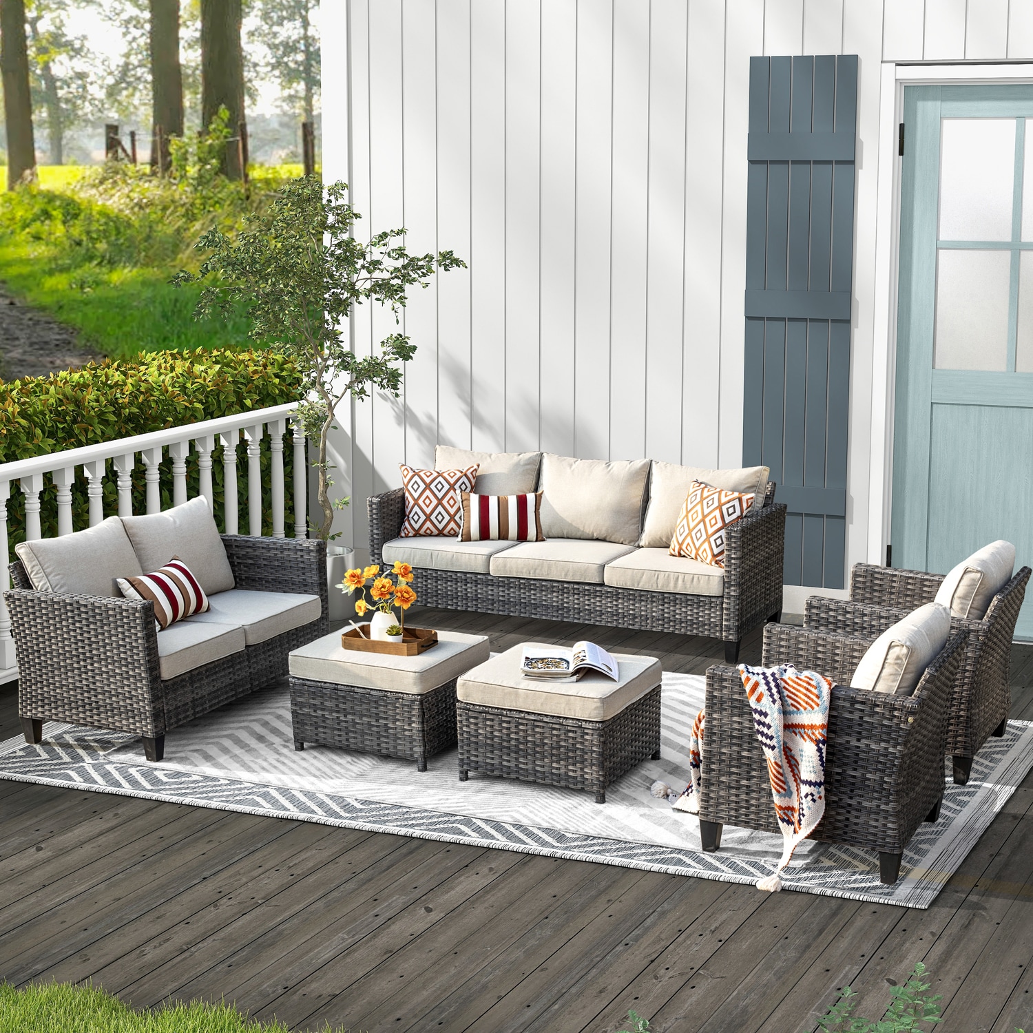 Ovios LGRS606 6 -Piece Wicker Patio Sofa Conversation Set with Beige Cushions