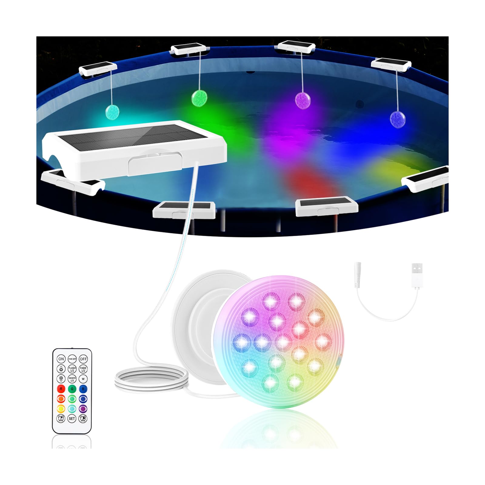 Adrinfly  Solar Pool Light RGB Waterproof Submersible LED with Remote Control 22 Color Changing Magnet Stretchable Cord for Hot Tub Swimming