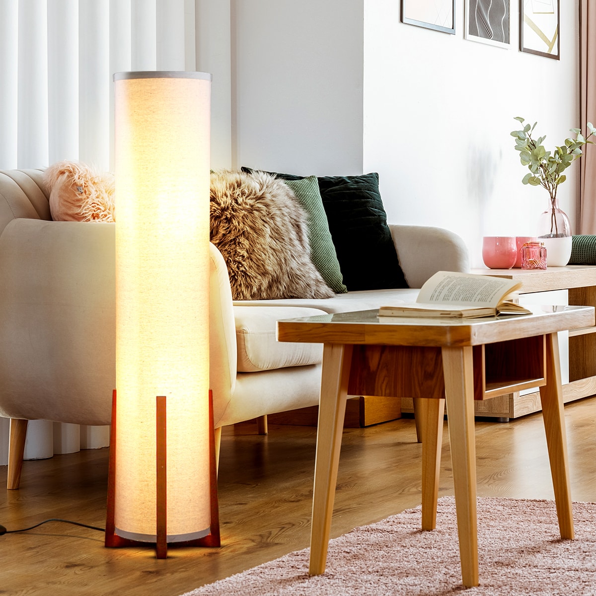 48-Inch White Linen and Wood Floor Lamp with LED
