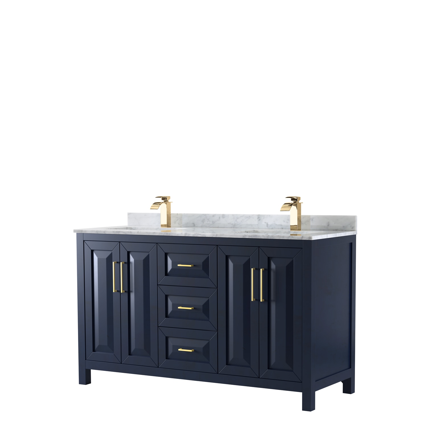 Wyndham Collection WCV252560DBLCMUNSMXX Daria 60-in Dark Blue with Brushed Gold Trim Undermount Double sink Bathroom Vanity with White Carrara Marble Marble Top