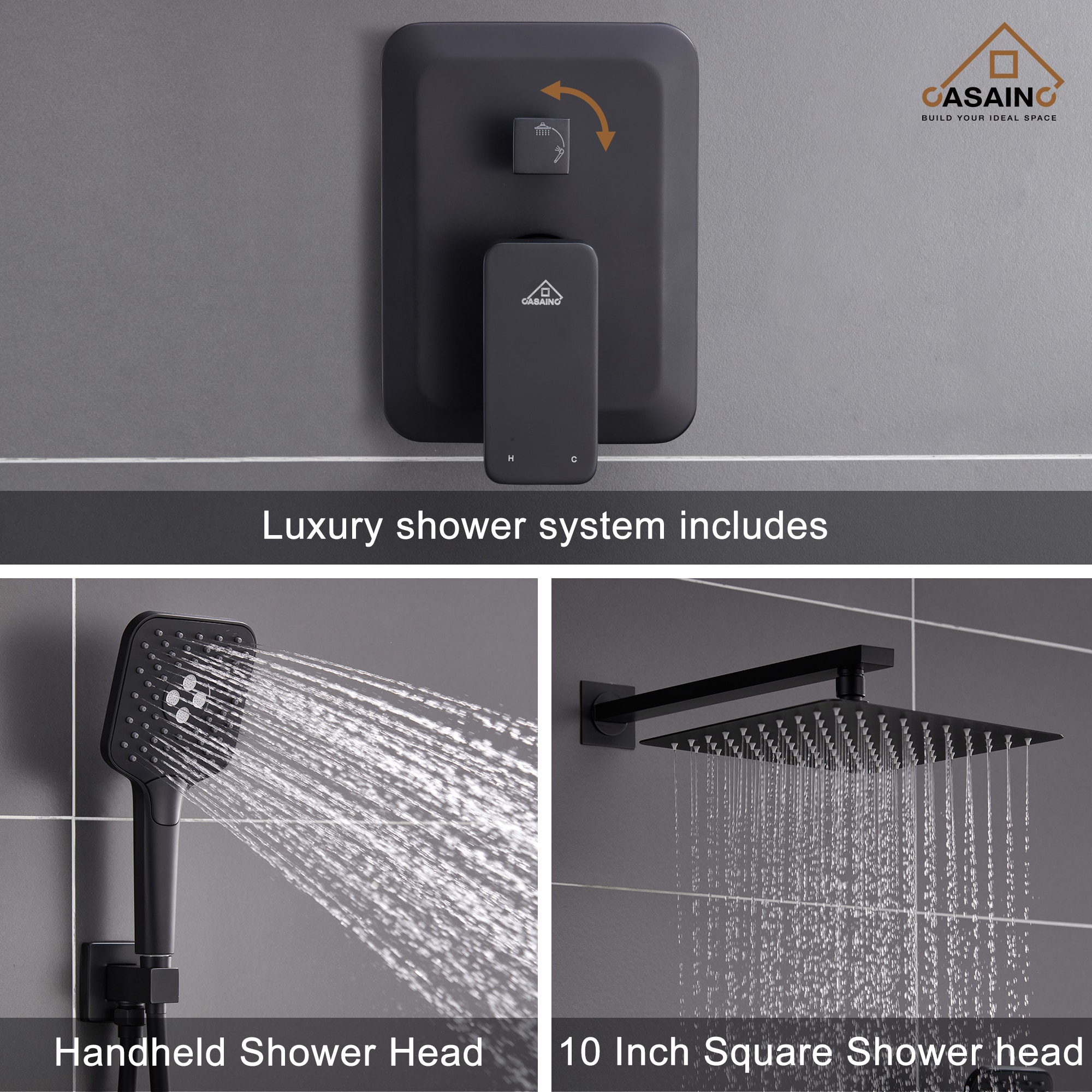 CASAINC Shower Systems Matte Black 1-handle Single Function Square ...