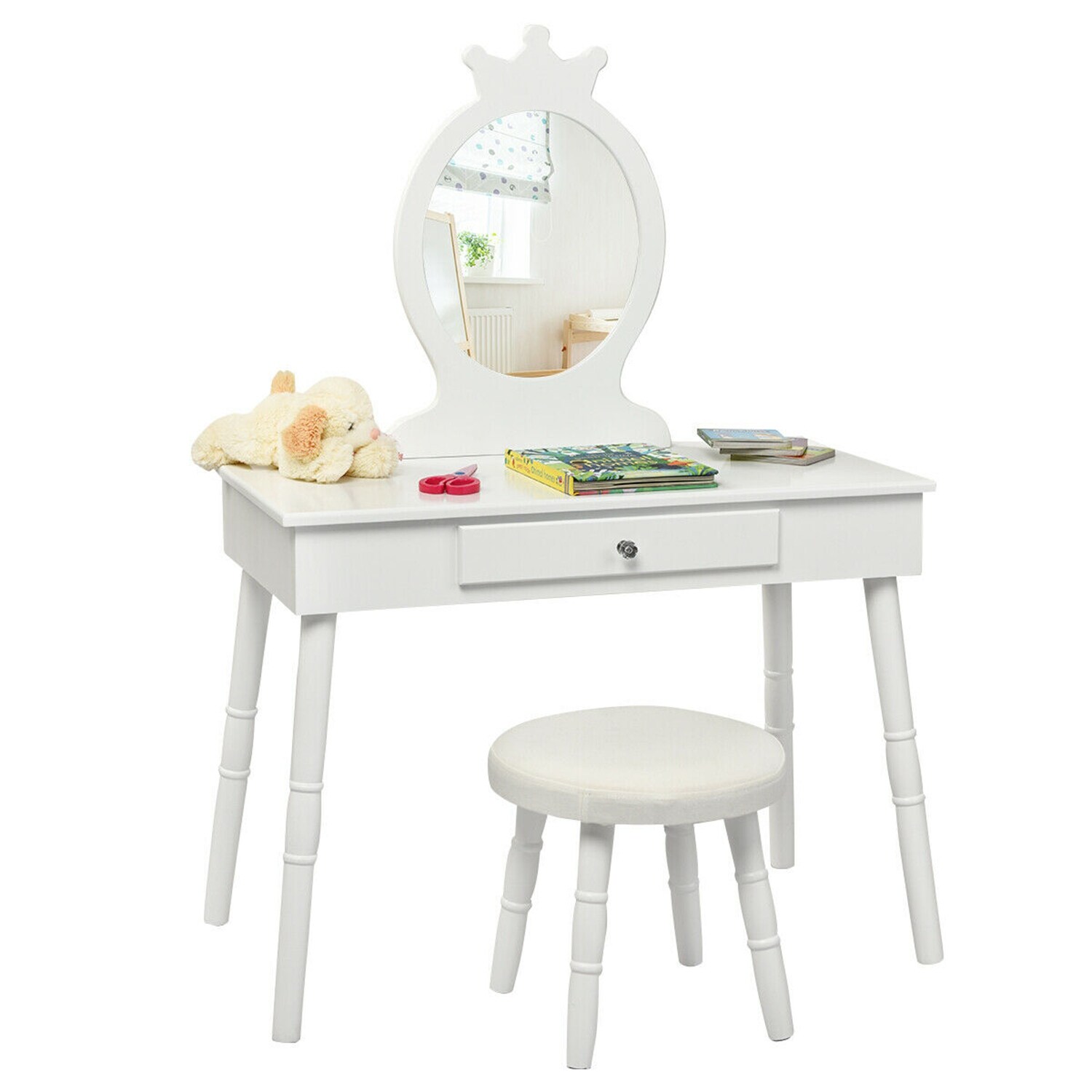 Costway CSHY000066 Kids Vanity Makeup Table and Chair Set Make Up Stool Play Set for Children White