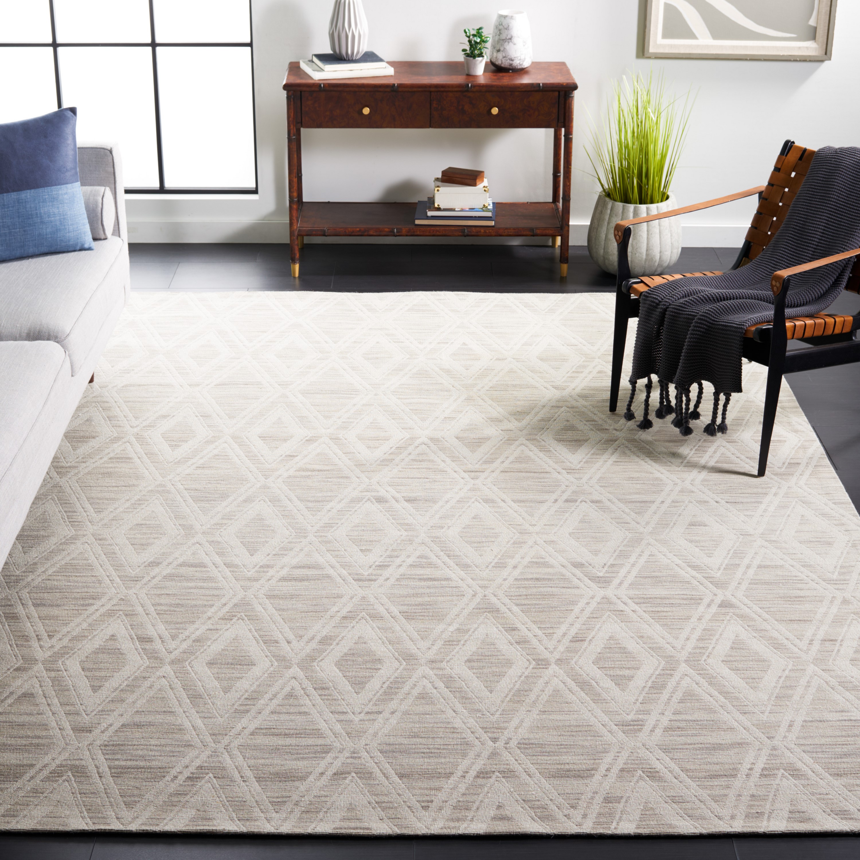 Ivory and Light Brown Geometric Wool Area Rug, 8' x 10'