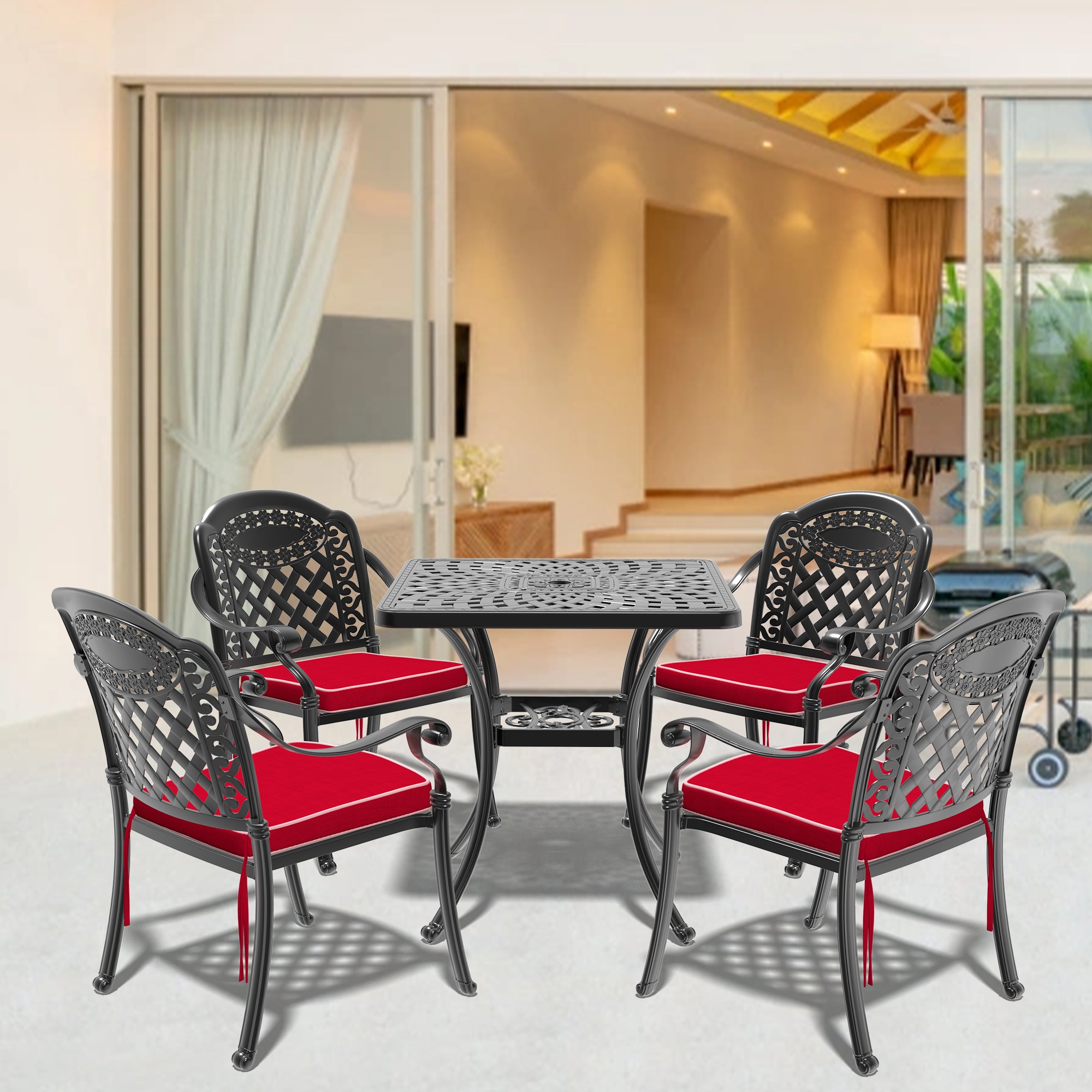 nicesure SLBK6008CZ4A1125RC 5 -Piece Black Patio Dining Set Aluminum Square Table with 4 Cushions Stackable Stationary Chairs