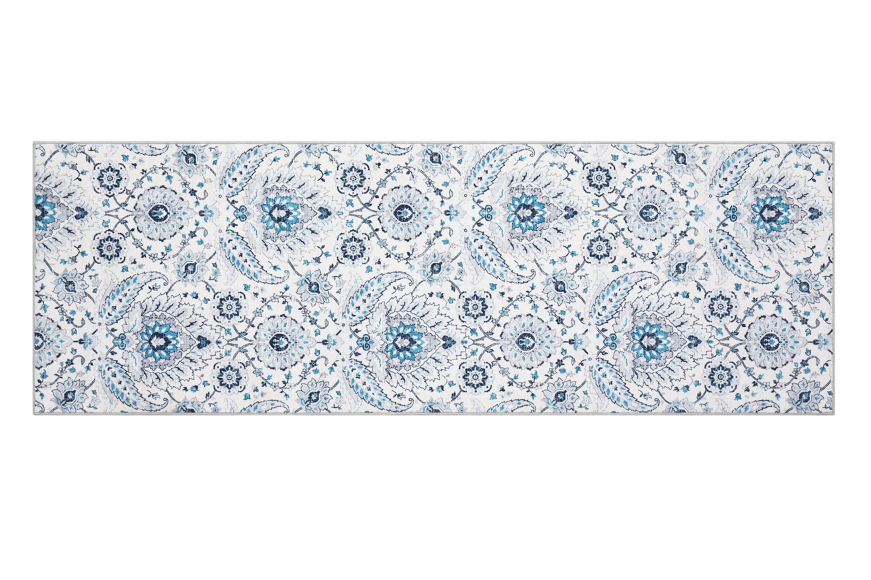 Qeetex LSN-PHO-16OTRNVB 2 x 6 ft Polyester Pearl Velvet Blue Rectangular Hallway Bathroom Entryway Kitchen Office Foldable Flower Printed Persian Washable Area Rug