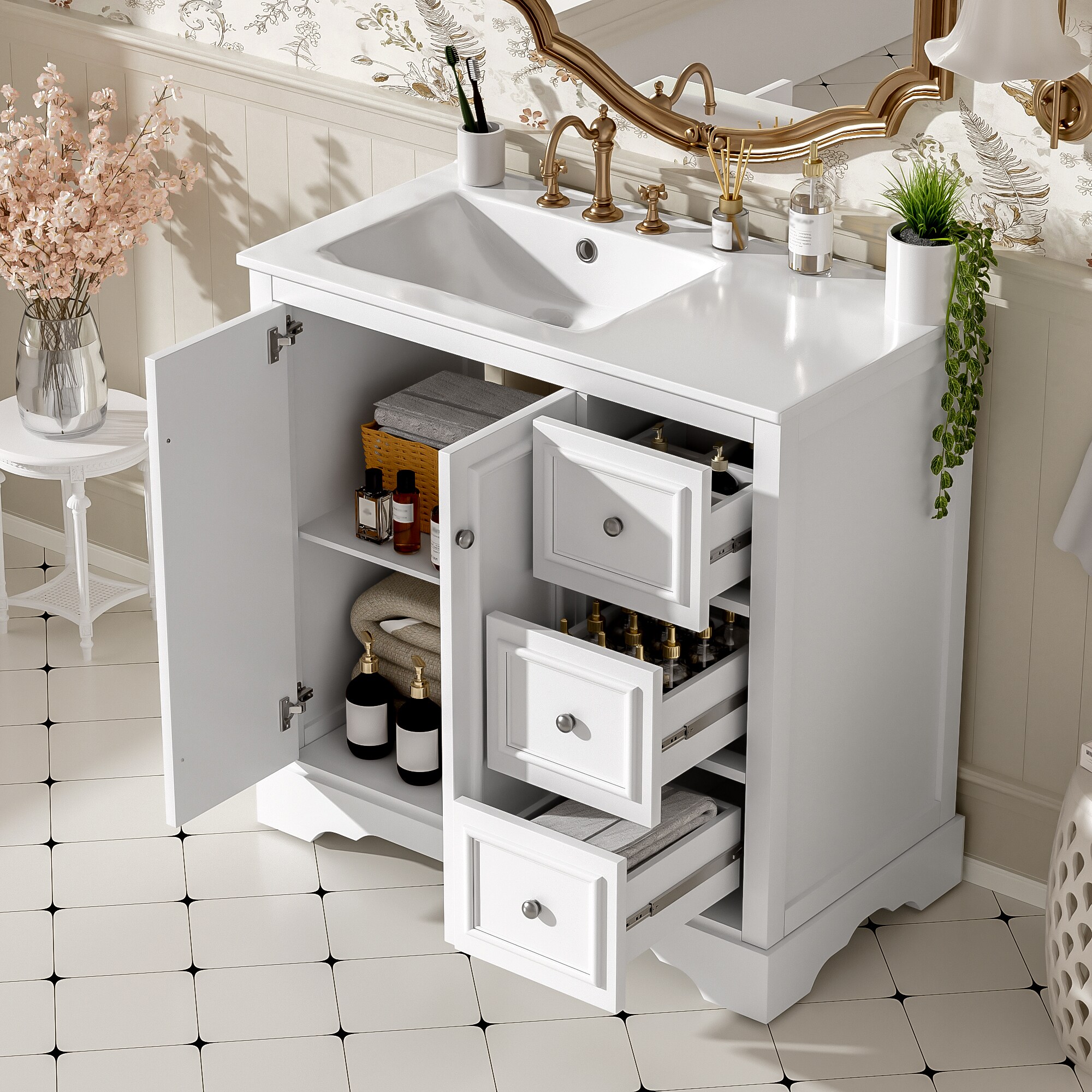 Tatayosi RY-P292966K 36 Inch Transitional Bathroom Vanity with Ceramic Sink and Soft Close Doors Three Drawers and Adjustable Shelf Storage Cabinet in Painted Finish
