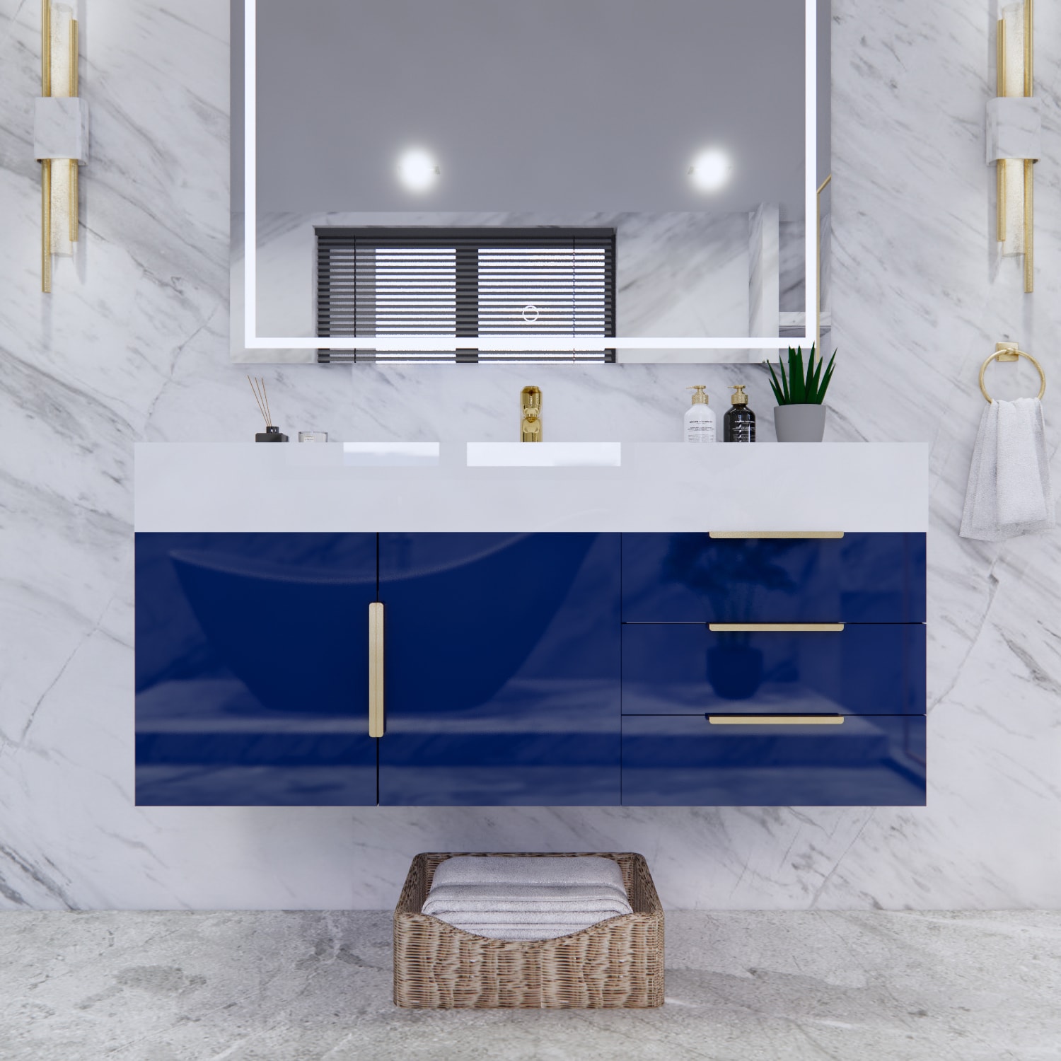 BV Better Vanity BT001-48NB Bethany 48-in Gloss Night Blue Single sink Floating Bathroom Vanity with White Acrylic Top
