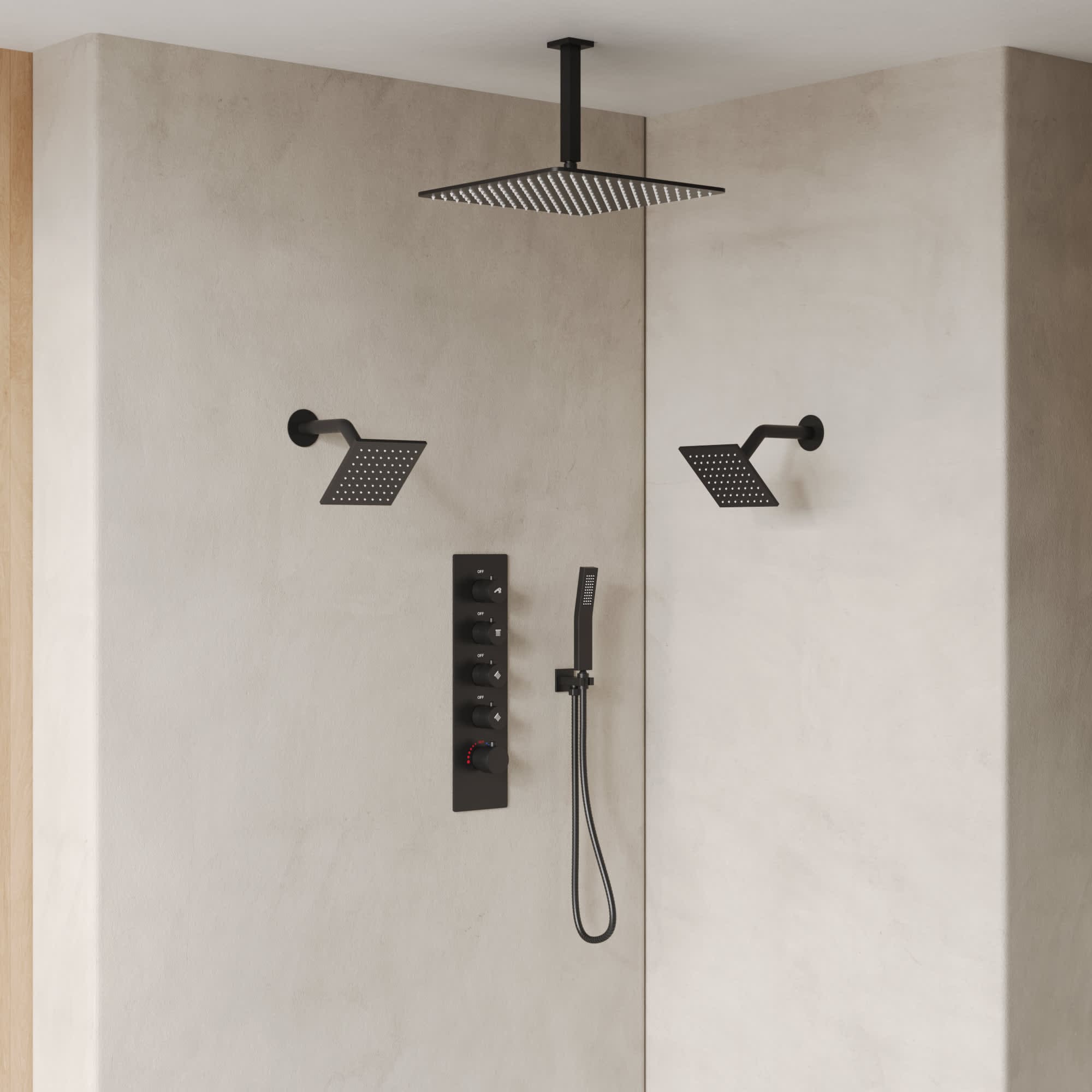 EVERSTEIN SFS-1062-BK16 15-Spray Patterns Thermostatic 16 and 6 in.Dual Shower Head Wall Mount Fixed Shower Head in Matte Black (Valve Included)