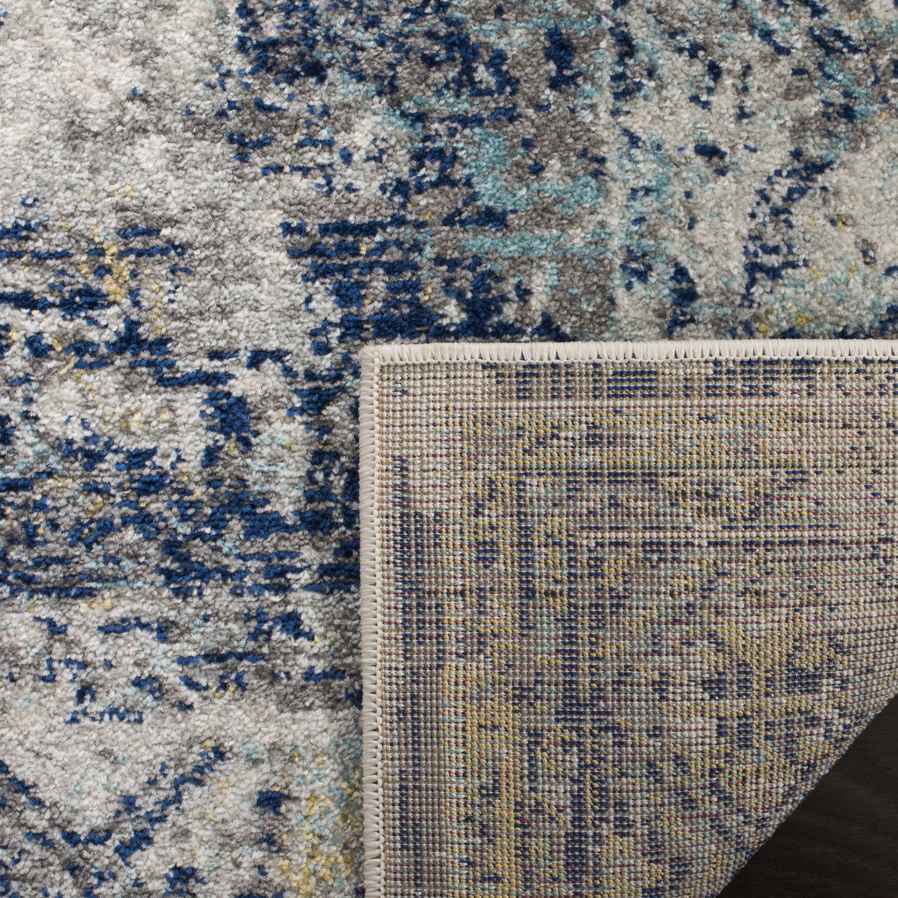 Light Grey and Blue Floral Motif Medium Pile Runner Rug