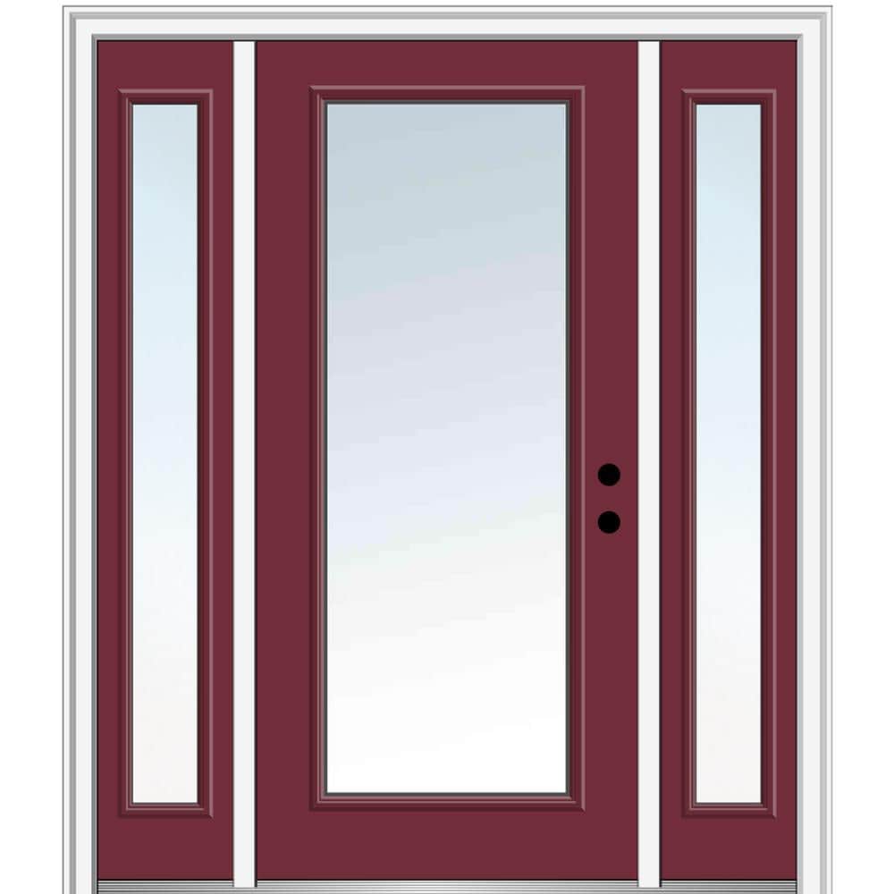 MMI DOOR ZZ04881L 64-in x 80-in x 4-9/16-in Fiberglass Full lite Left-hand inswing Burgundy Painted Prehung Front Door with Sidelights with Brickmould Insulating core