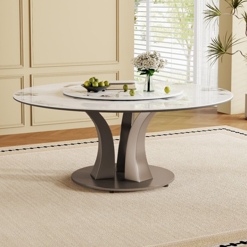 Coolbibila DAWSON-TABLE-WHITE 59 Inch Round Dining Table with Lazy Susan Modern White Sintered Stone Dining Table for Dining Room