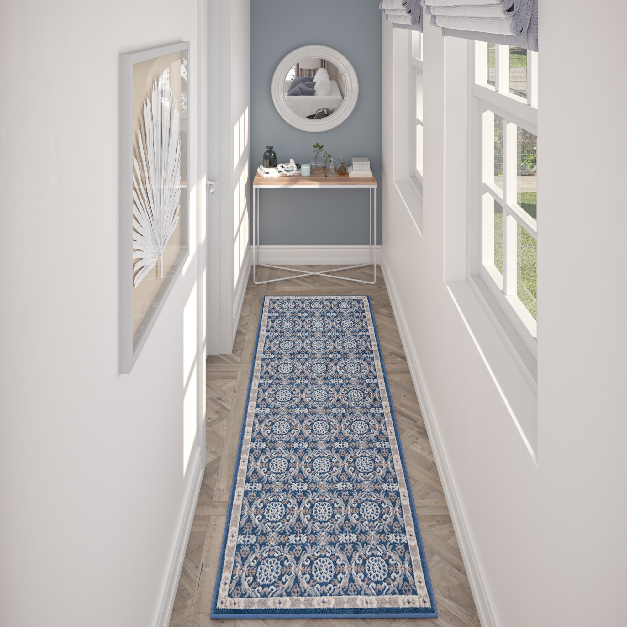 Tayse HMP3807 2X8 Hampton 2 x 8 (ft) Loomed Polypropylene Blue Rectangular Indoor Damask Farmhouse/Cottage Runner rug