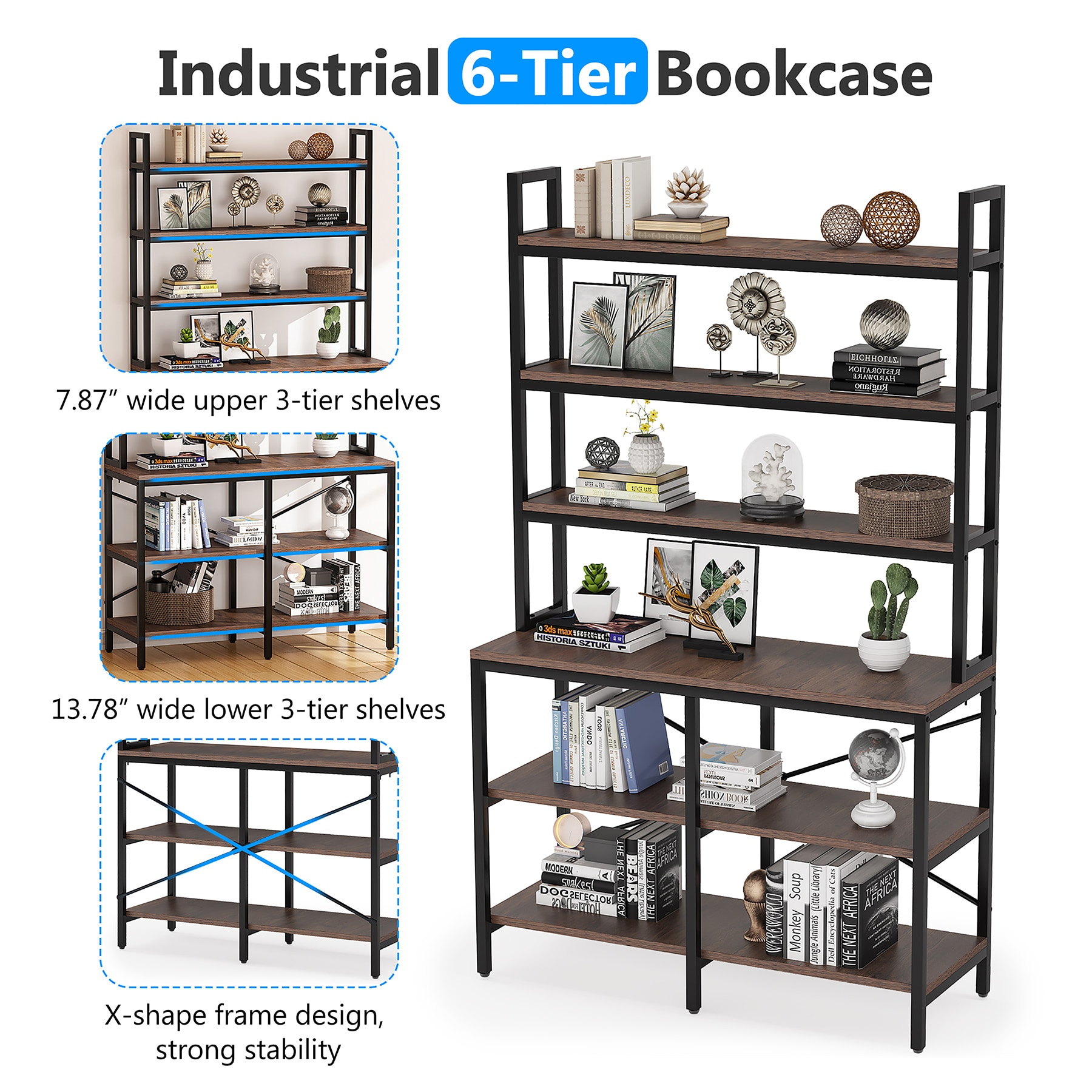 Rustic Brown 6-Tier Industrial Bookshelf with Metal Frame