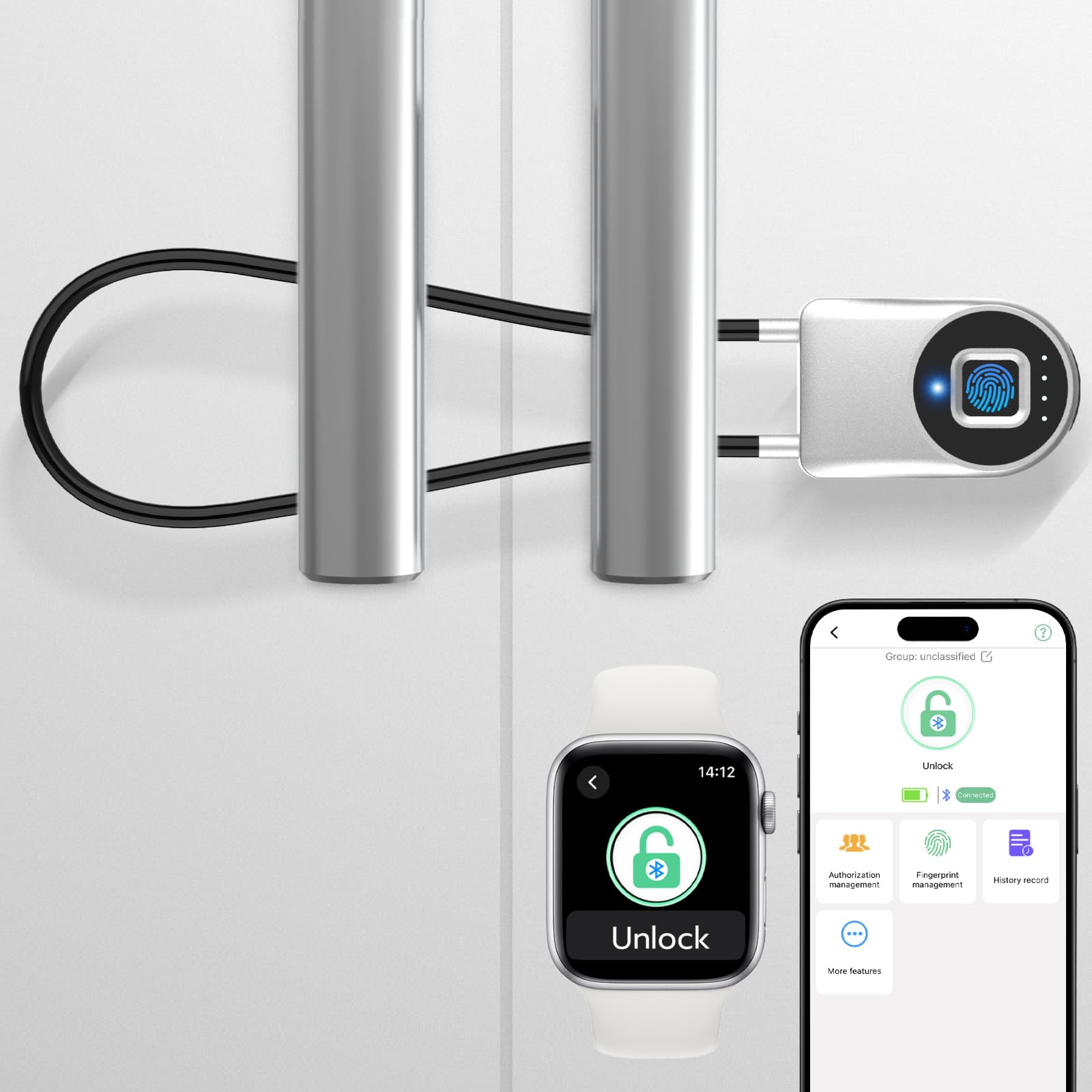 Phyfalip  Fingerprint Cable Lock Biometric Smart Padlock with Bluetooth App Control for Cabinets Refrigerators French Doors and Gates 14.9 in