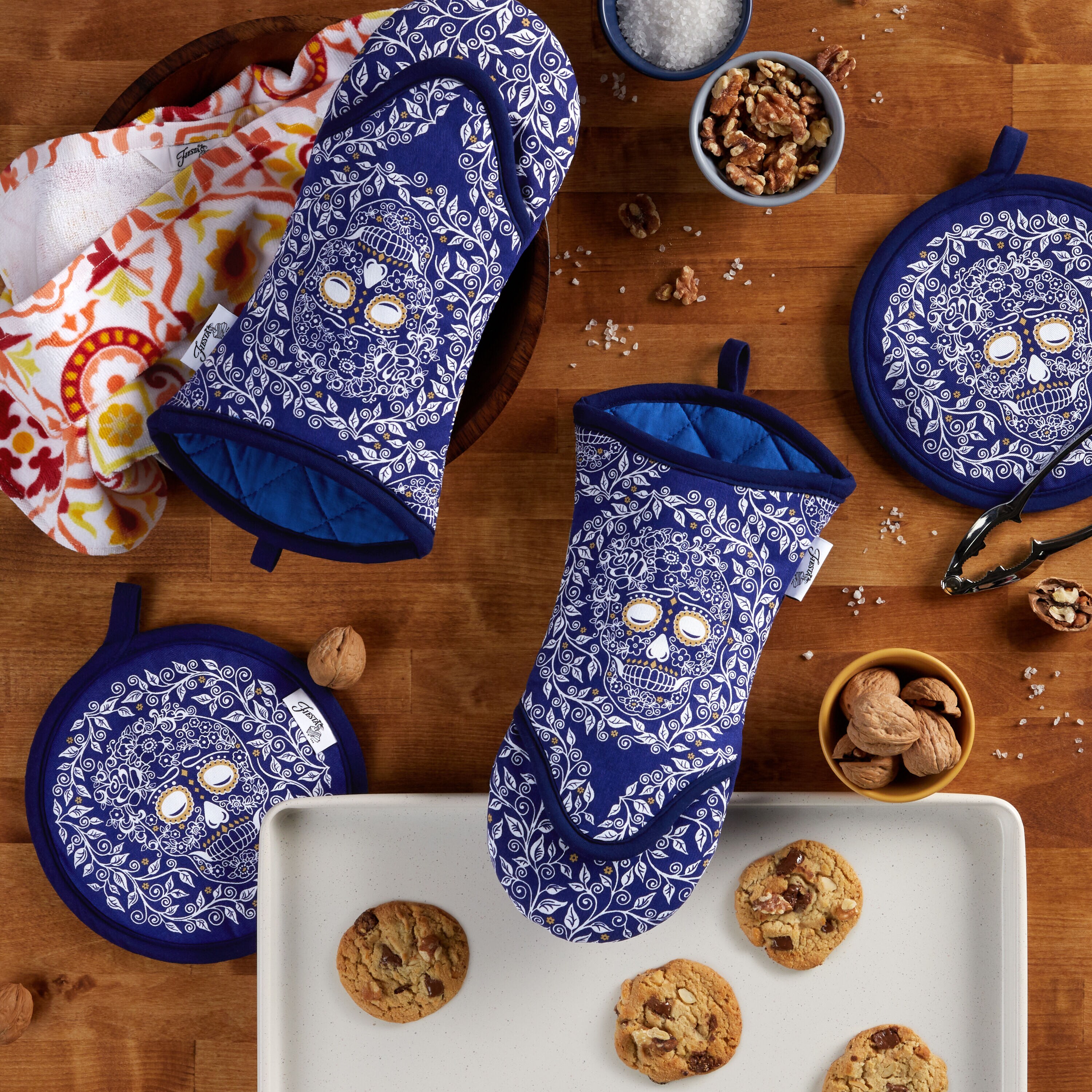 Blue Pattern 4PC Oven Mitts and Pot Holders Sets for Cooking