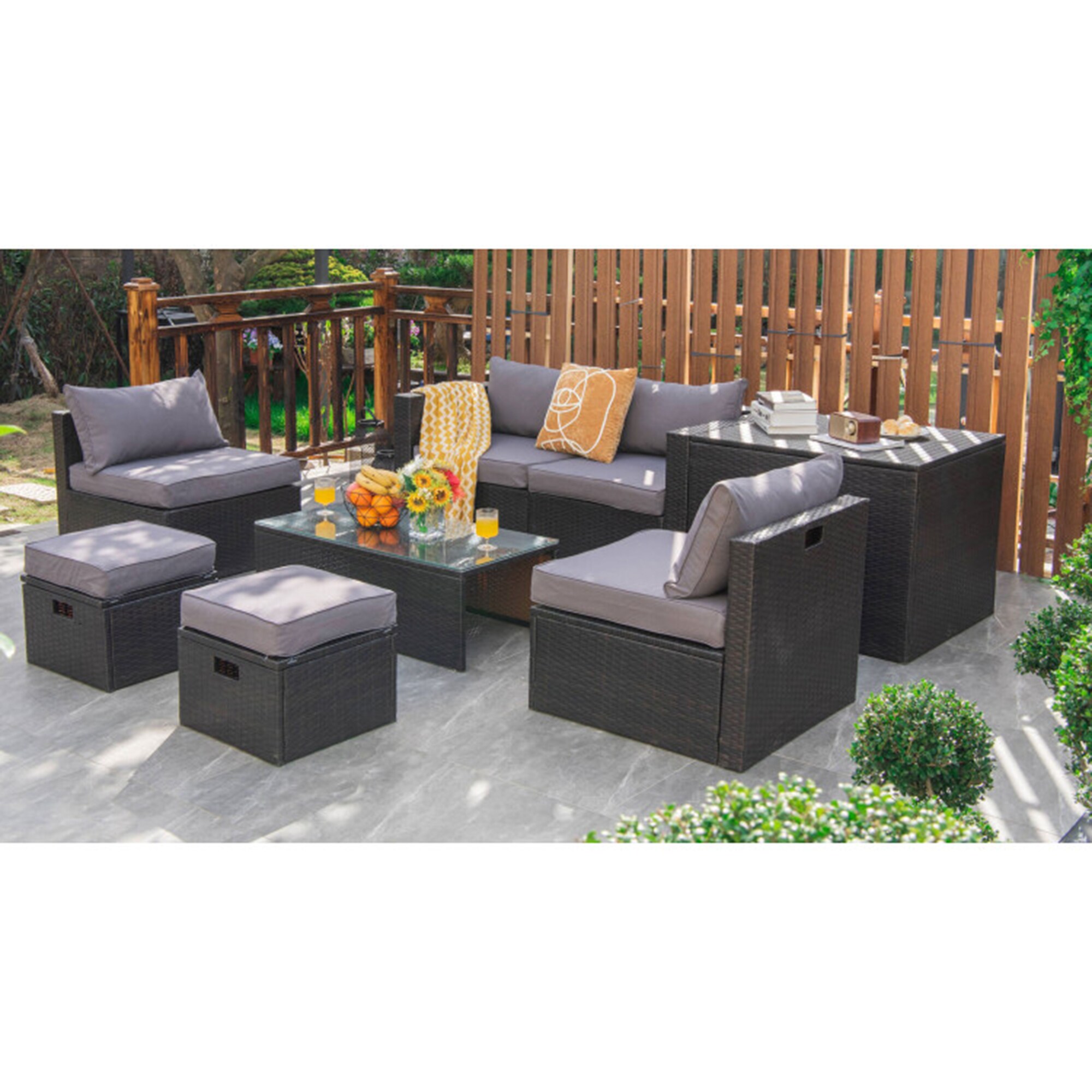 Clihome CL-GR+-68592 8 -Piece Rattan 2 Patio Sofa Conversation Set with Gray polyester Cushions