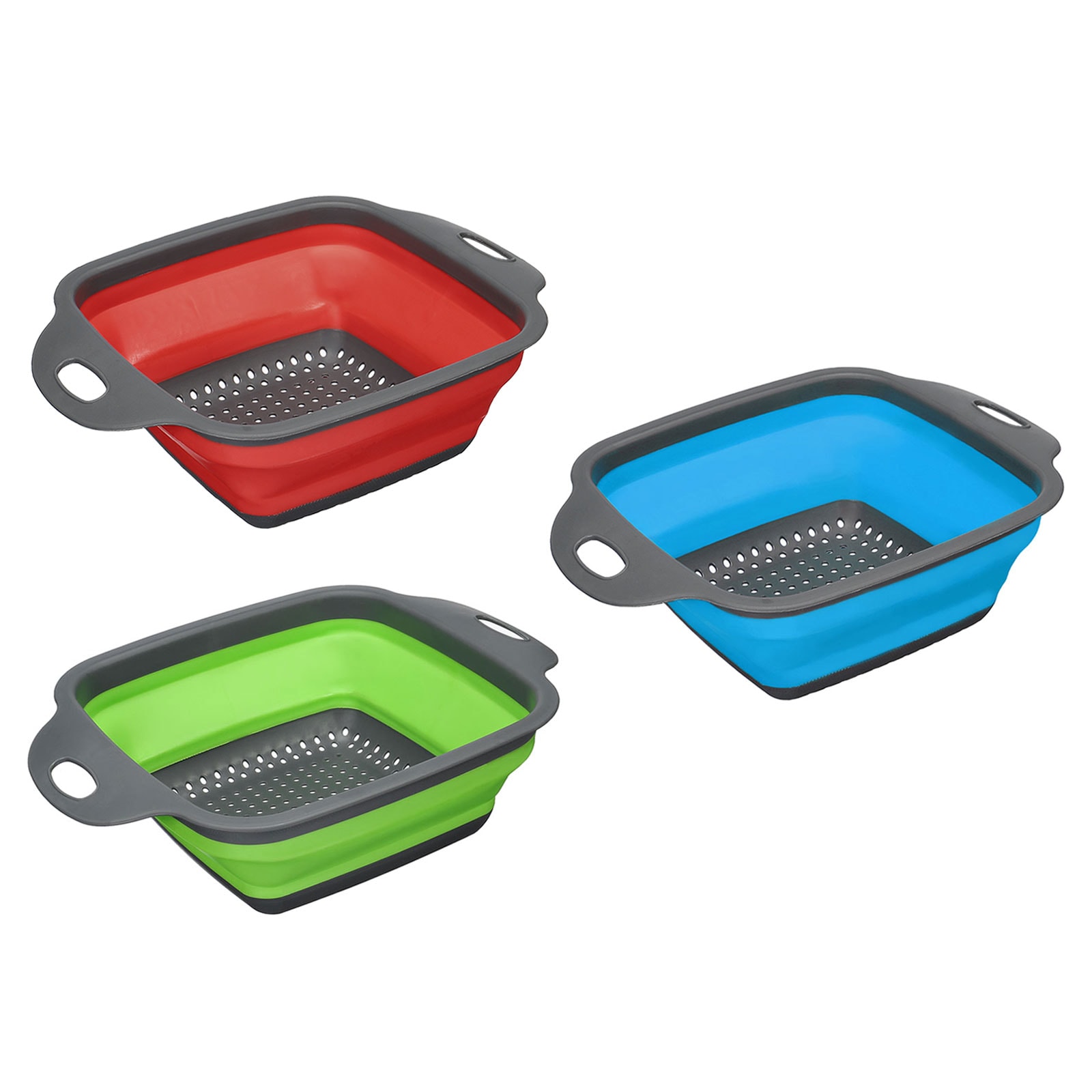 Unique Bargains Collapsible Colander Set 3pcs Silicone Square Foldable Strainer Space Saving Suitable for Pasta Vegetables Fruits - Blue Green Red Small #S25111000UX1952