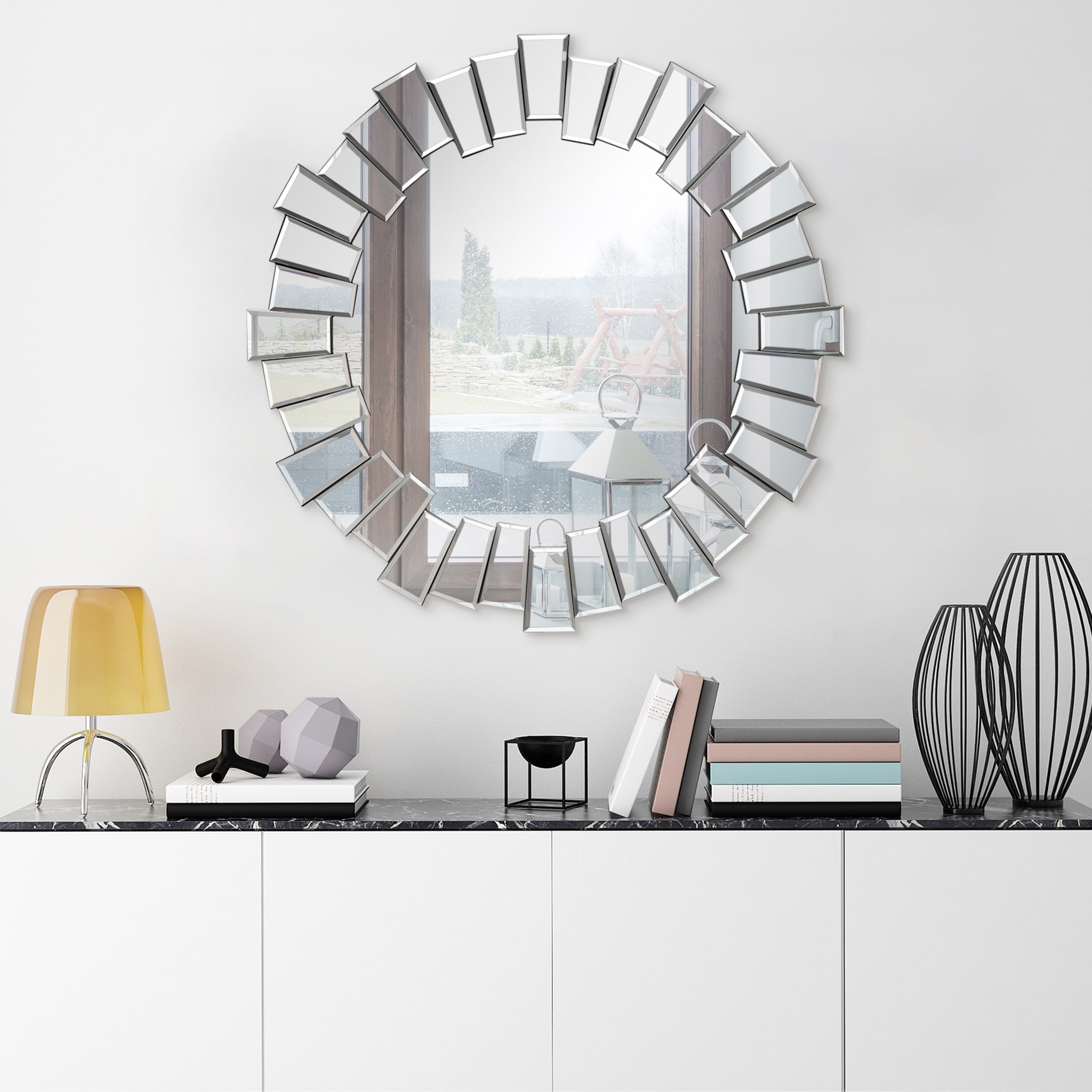 Empire Art 34" Silver Round Beveled Vanity Mirror
