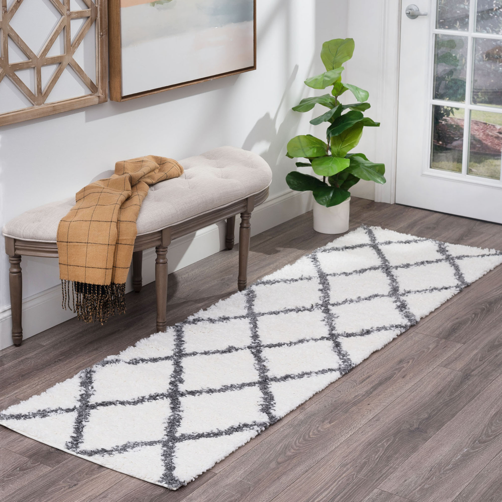 Tayse SOH1200 2X8 Soho Shag 2 x 8 (ft) Loomed Polypropylene White Rectangular Indoor Geometric Mid-Century Modern Runner rug