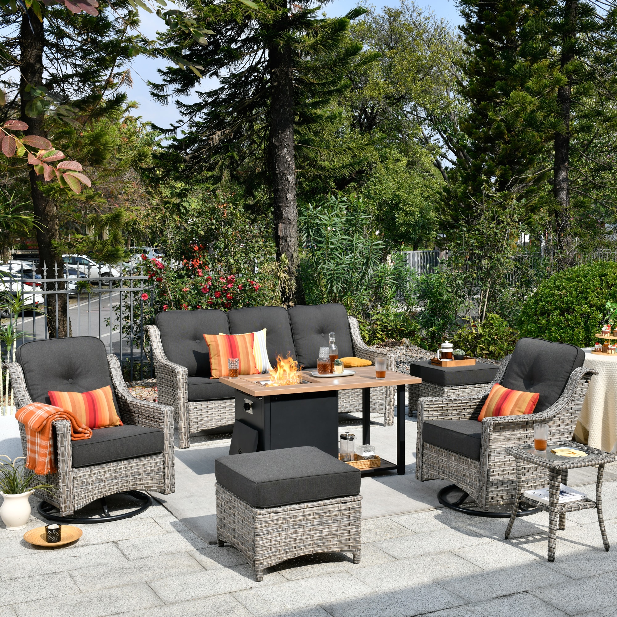 Ovios RFP11PD1-6Y 7 -Piece Wicker Patio Sofa Conversation Set with Black Cushions