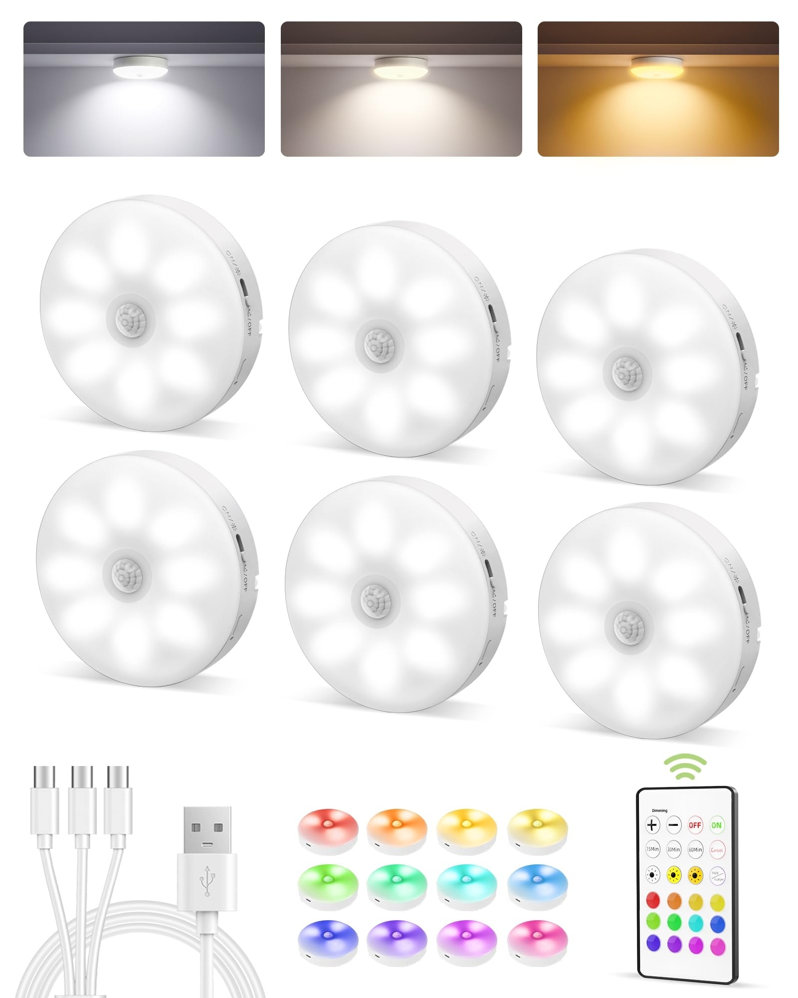 Lukvuzo  6 Pack Rechargeable Under Cabinet Puck Lights Motion Sensor Remote Control 3 White Color Temps 12 RGB Colors Magnetic Stick On Light