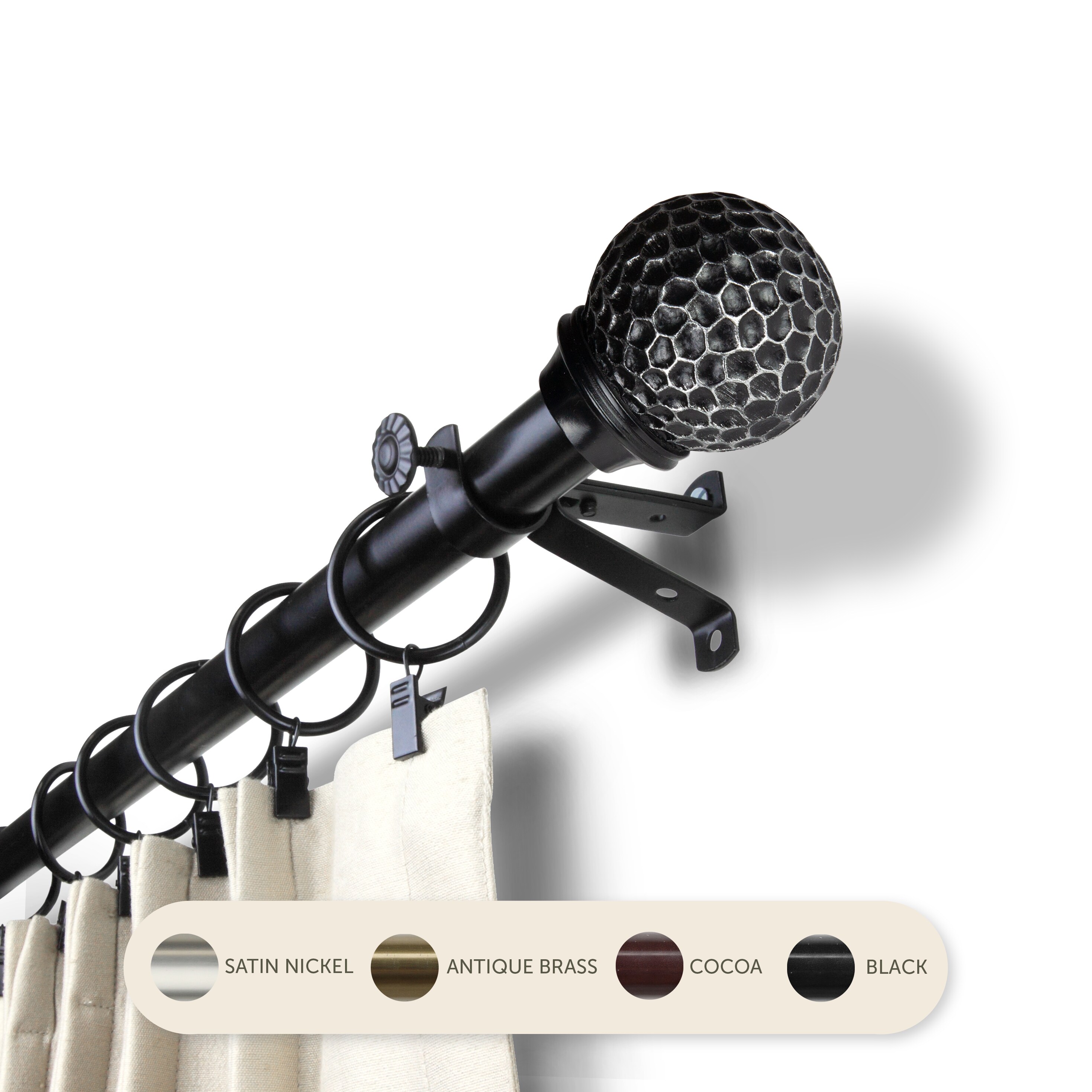 Hart & Harlow L-4885-992 Colin 13/16-in 120-in to 170-in Black Steel Single curtain rod with Finials
