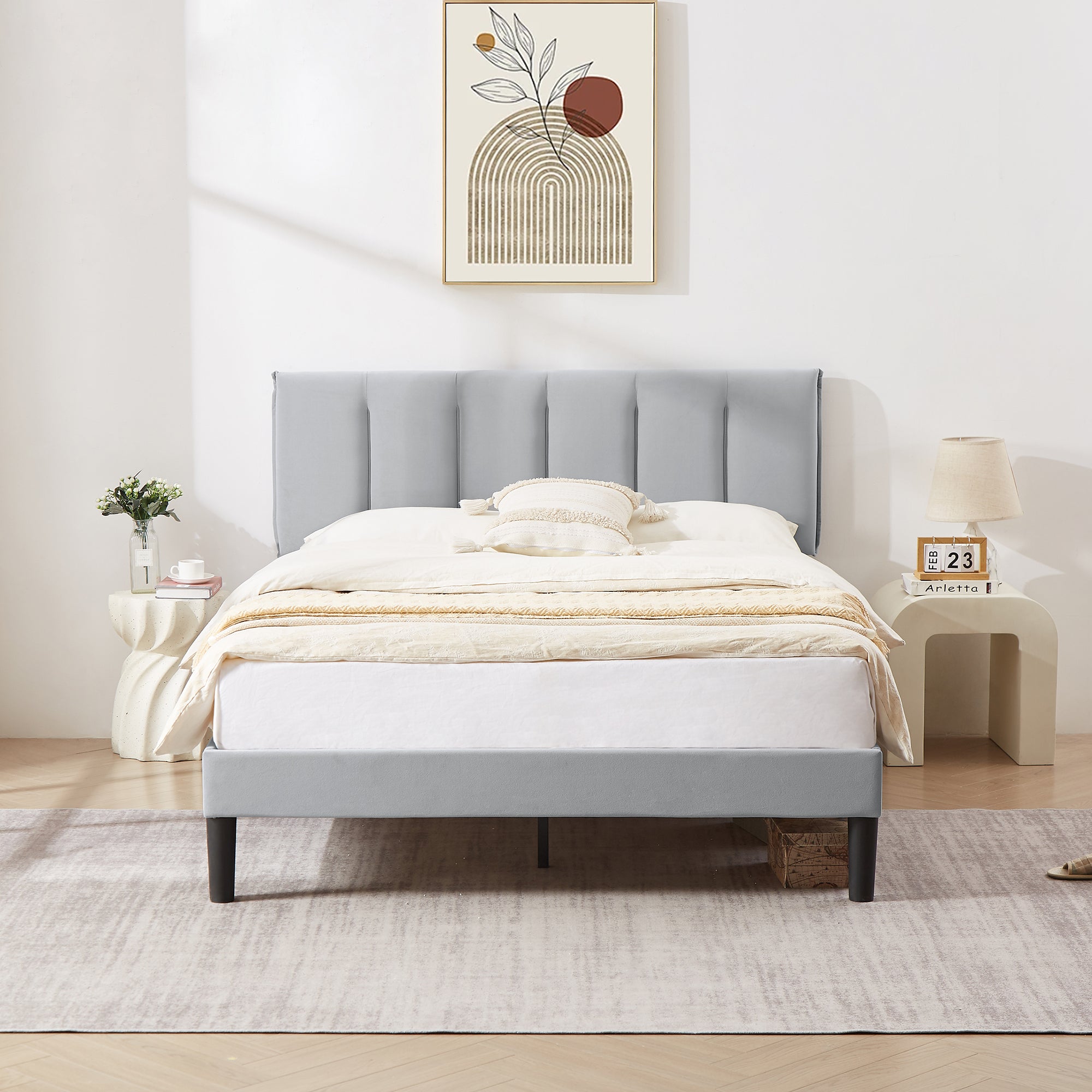 Vecelo LOE-CY-QB04-LGRY Queen Bed Frame with Upholstered Adjustable Headboard Heavy Duty Platform Bed Frame with Strong Wooden Slats Support Light Gray