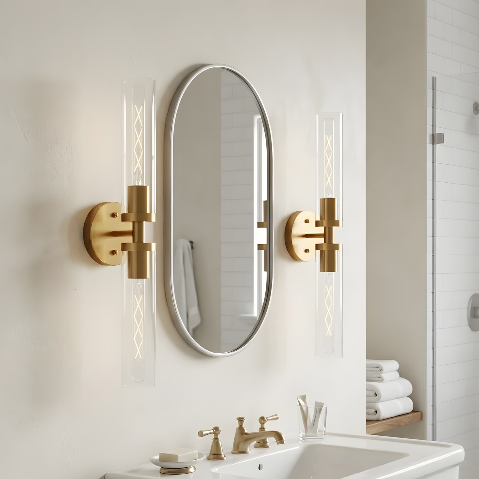 RCCFBHM 22-in Modern Gold Wall Sconces Set of 2 Fixture with Clear Glass Shade for Bathroom Mirror Hallway Bulbs Not Included