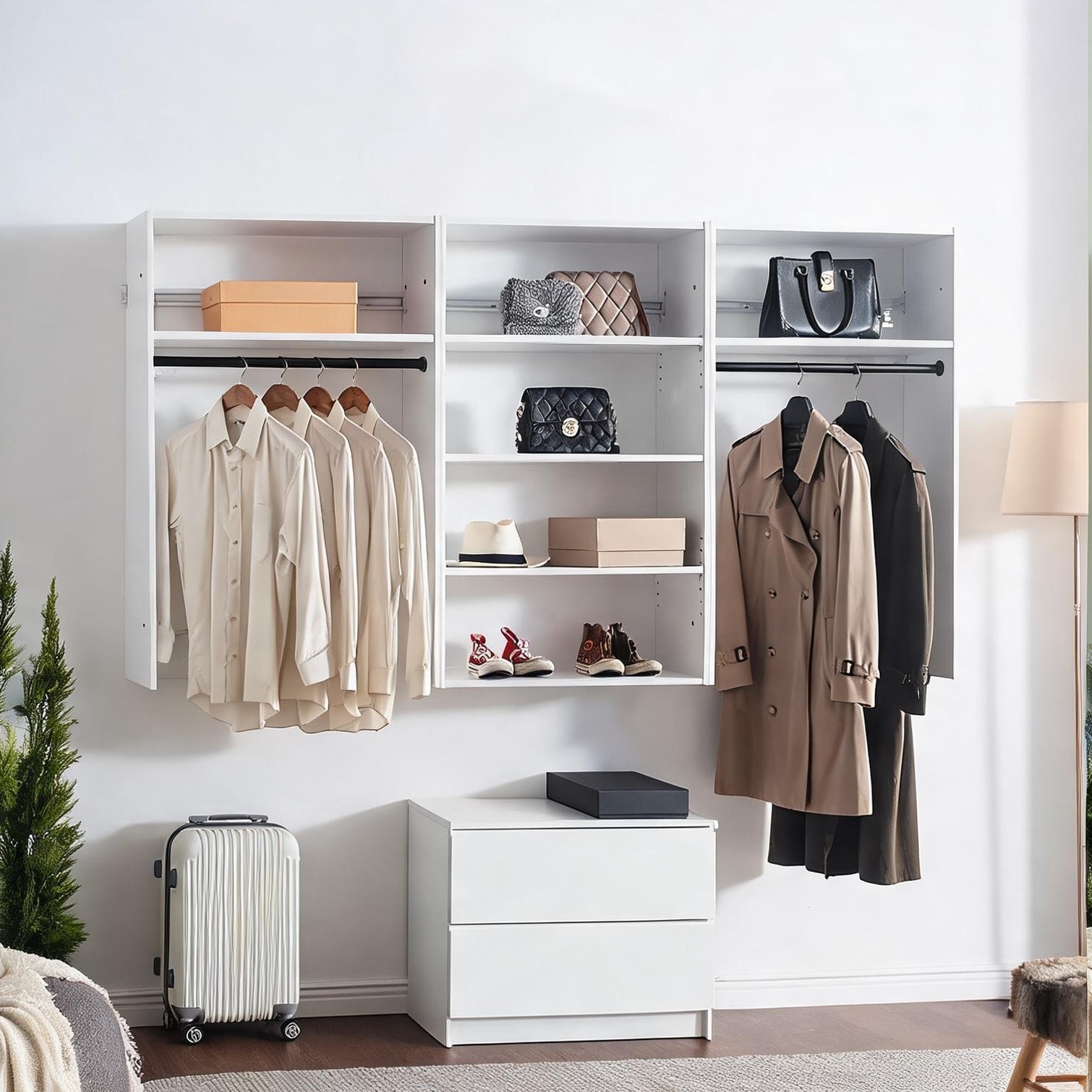 SunJet 125.98-Inch Wall Mounted Closet System with Oak Finish and Modular Shelving Classic White #XBWFXYYK34JR