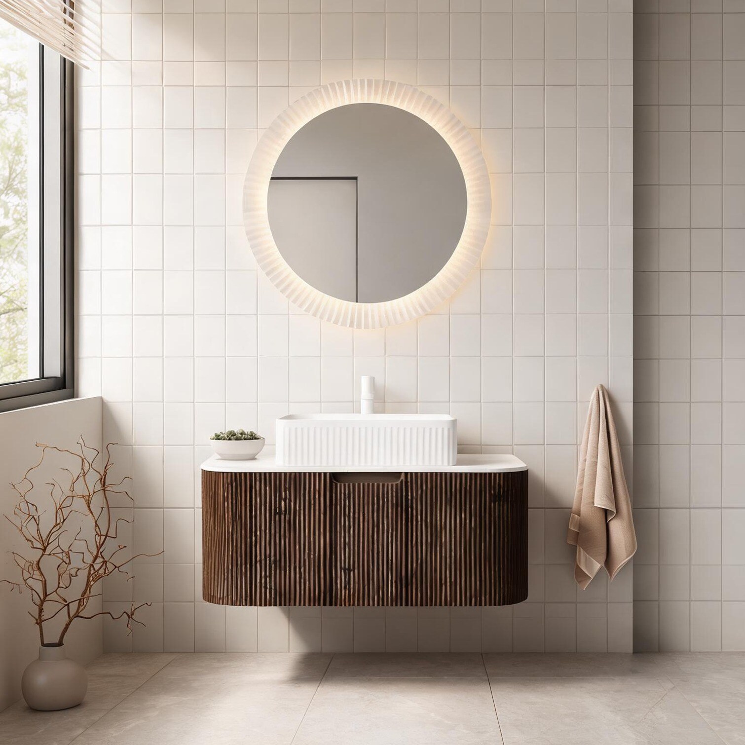 Watnature - Walnut Woodgrain Wall-Mounted 36-Inch Bathroom Vanity with White Ceramic Sintered Sto...