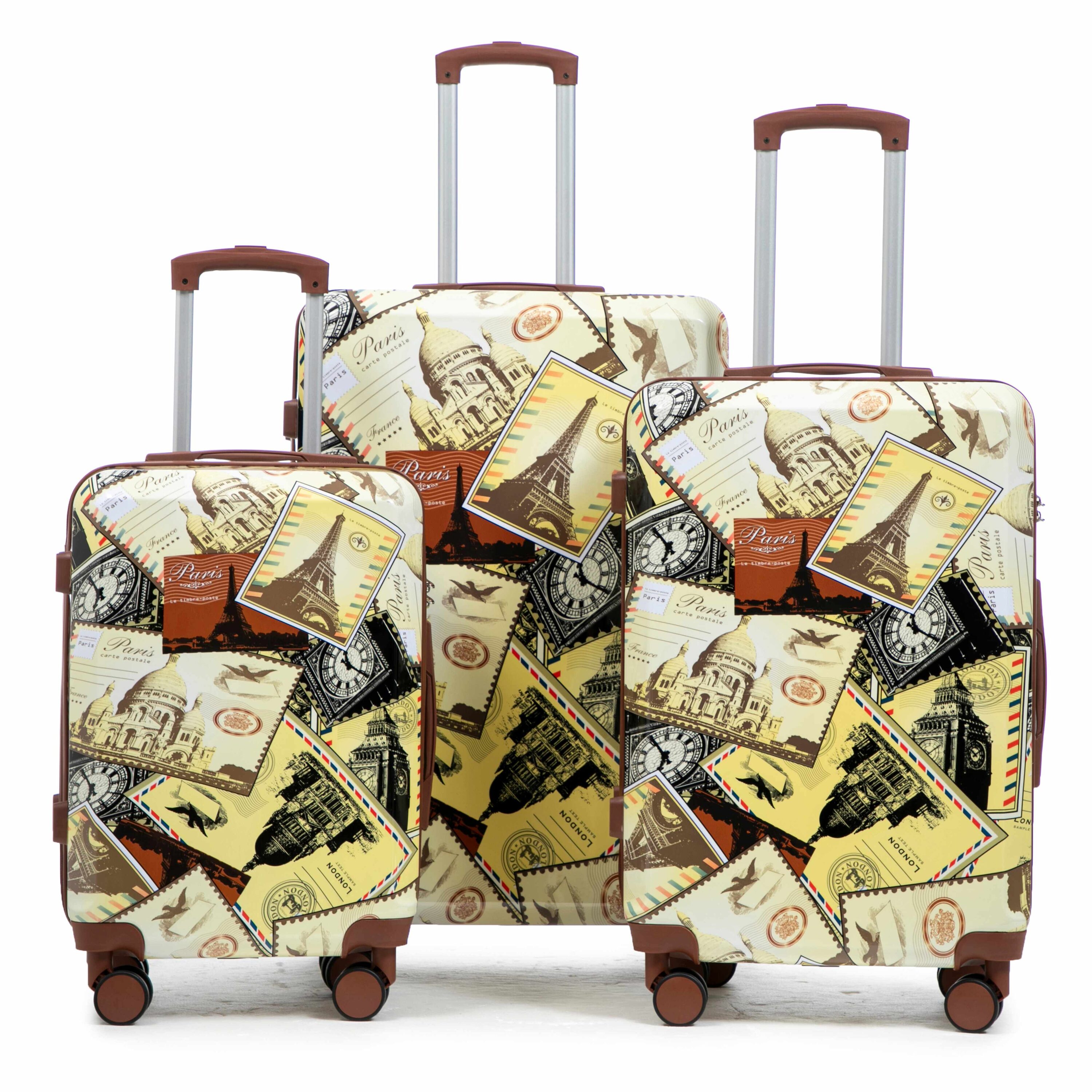 Vynxaria  3-Piece Black Vintage PC Hardside 360Silent Spinner Wheels City Stamps Printed Combination Lock Luggage Set 20 24 28 in