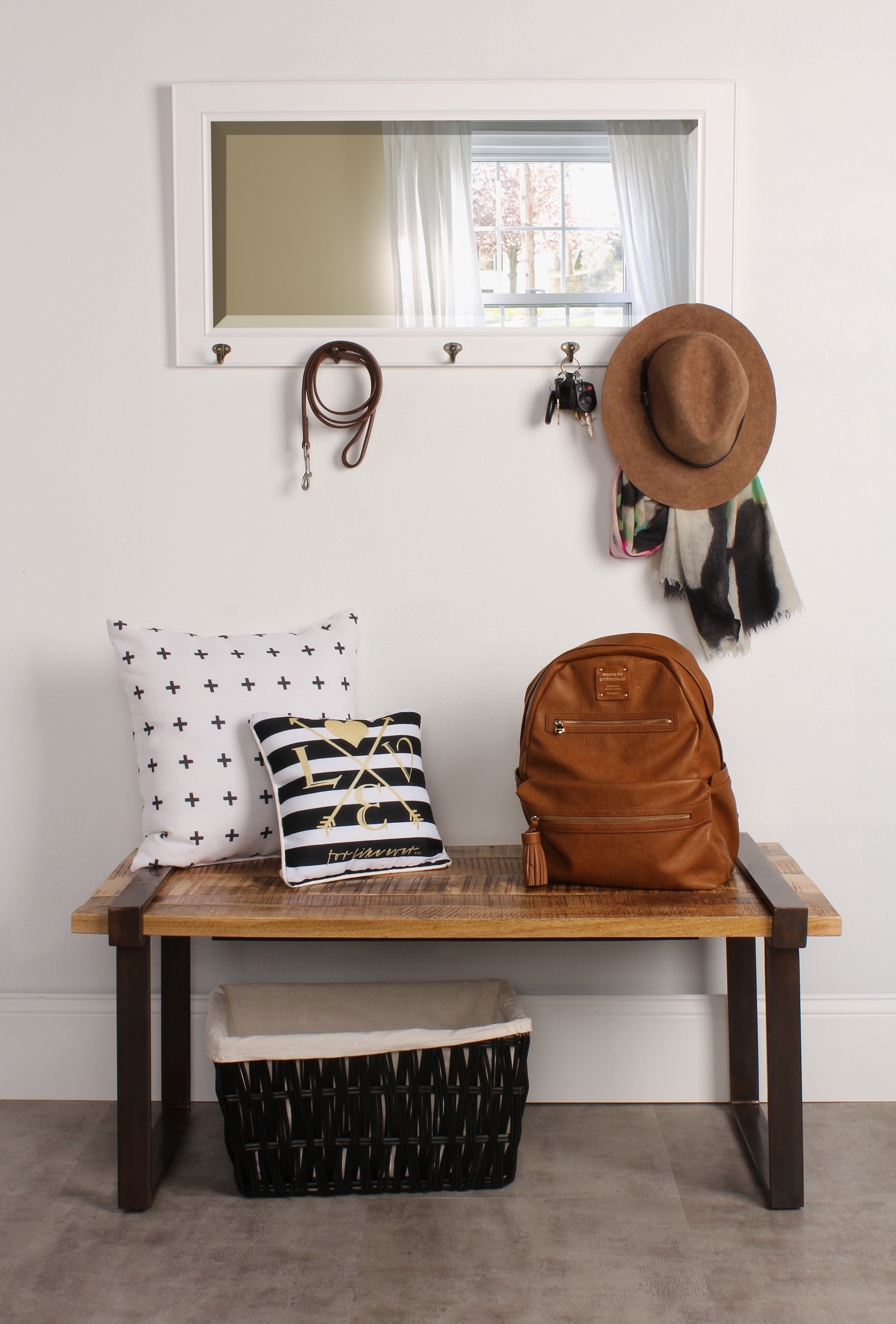 Classic Beveled Pub Mirror with White Frame and Metal Hooks 36"x18"