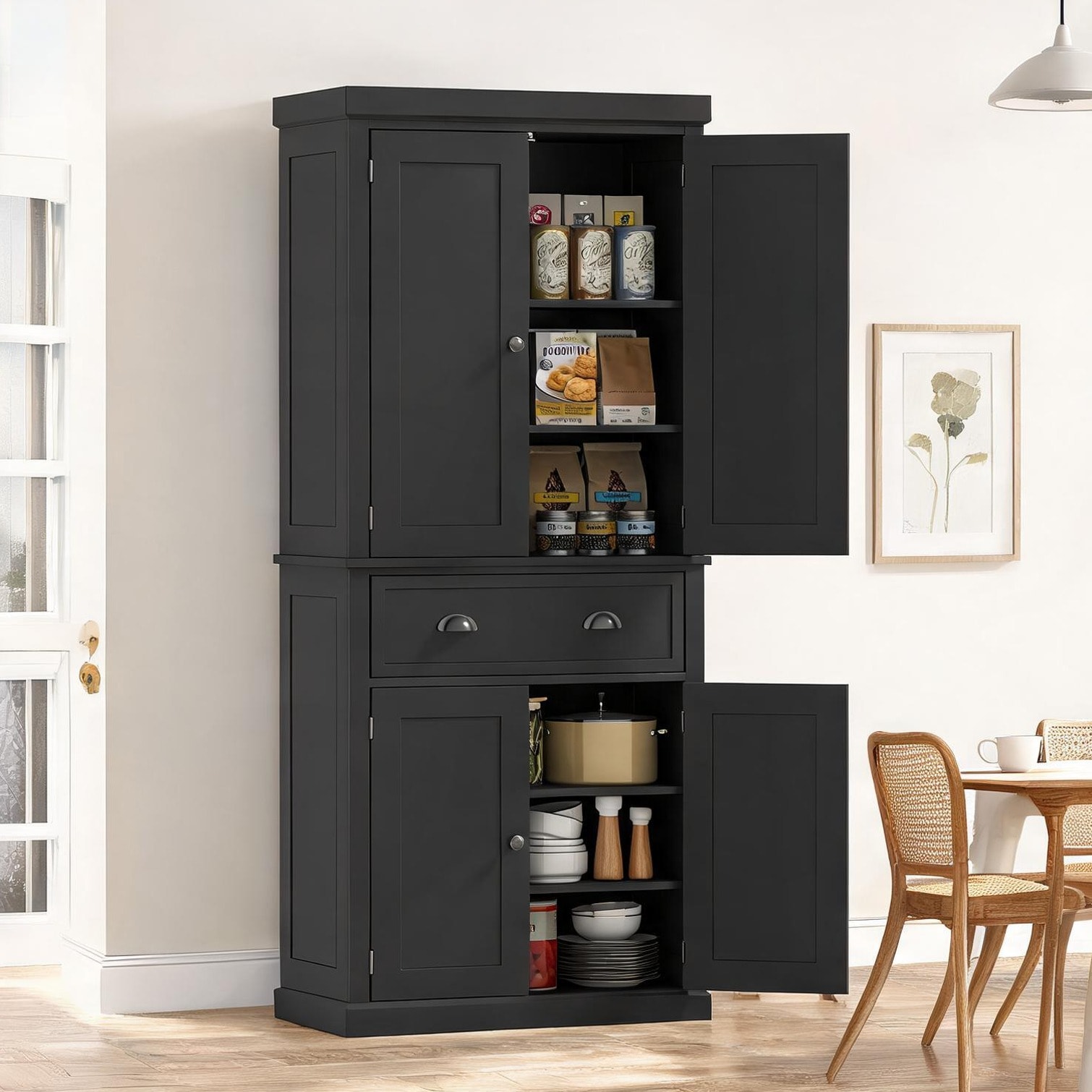 chillscreamni - Modern Freestanding Pantry Cabinet with Adjustable Shelves and Deep Drawer in Dee...