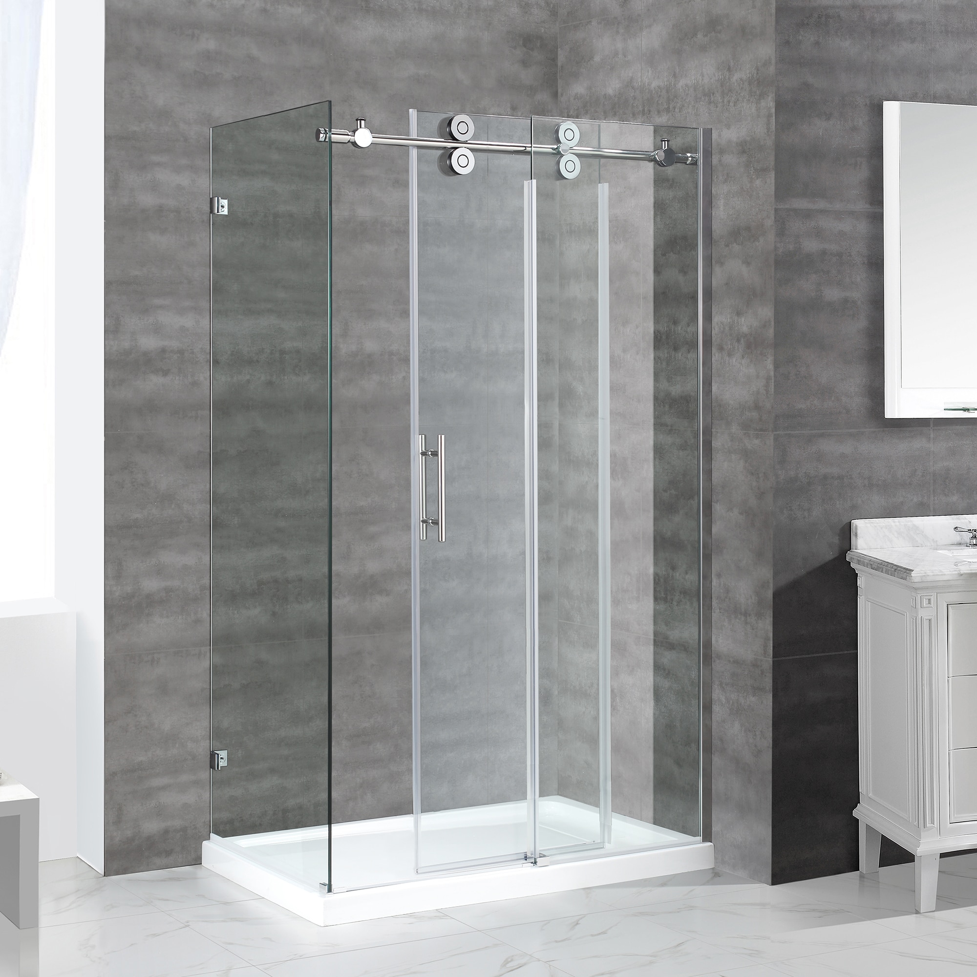 OVE Decors Sydney 3-Piece 32-in W x 48-in L x 81.5-in H Polished Chrome  Rectangular Corner Shower Kit (Side Hidden Drain) with Base and Door  Included in the Shower Stalls u0026 Enclosures