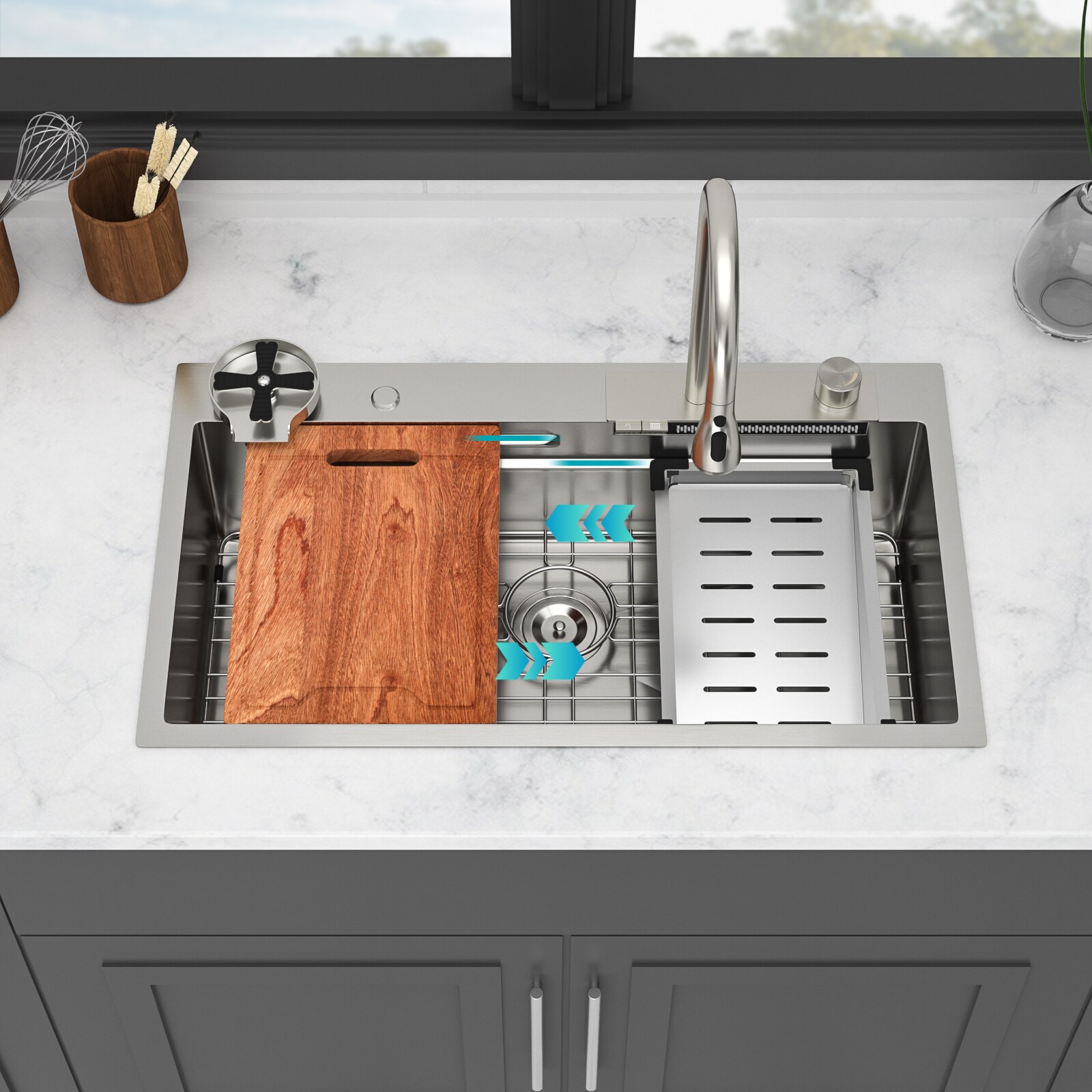 Tatayosi 33 Inches Kitchen Sink Waterfall Sink - 33 x 20 x 9 inch Multifunction Single Bowl 16 Gauge Stainless Steel Ledge Workstation Smart Top Mount Kitchen Sinks