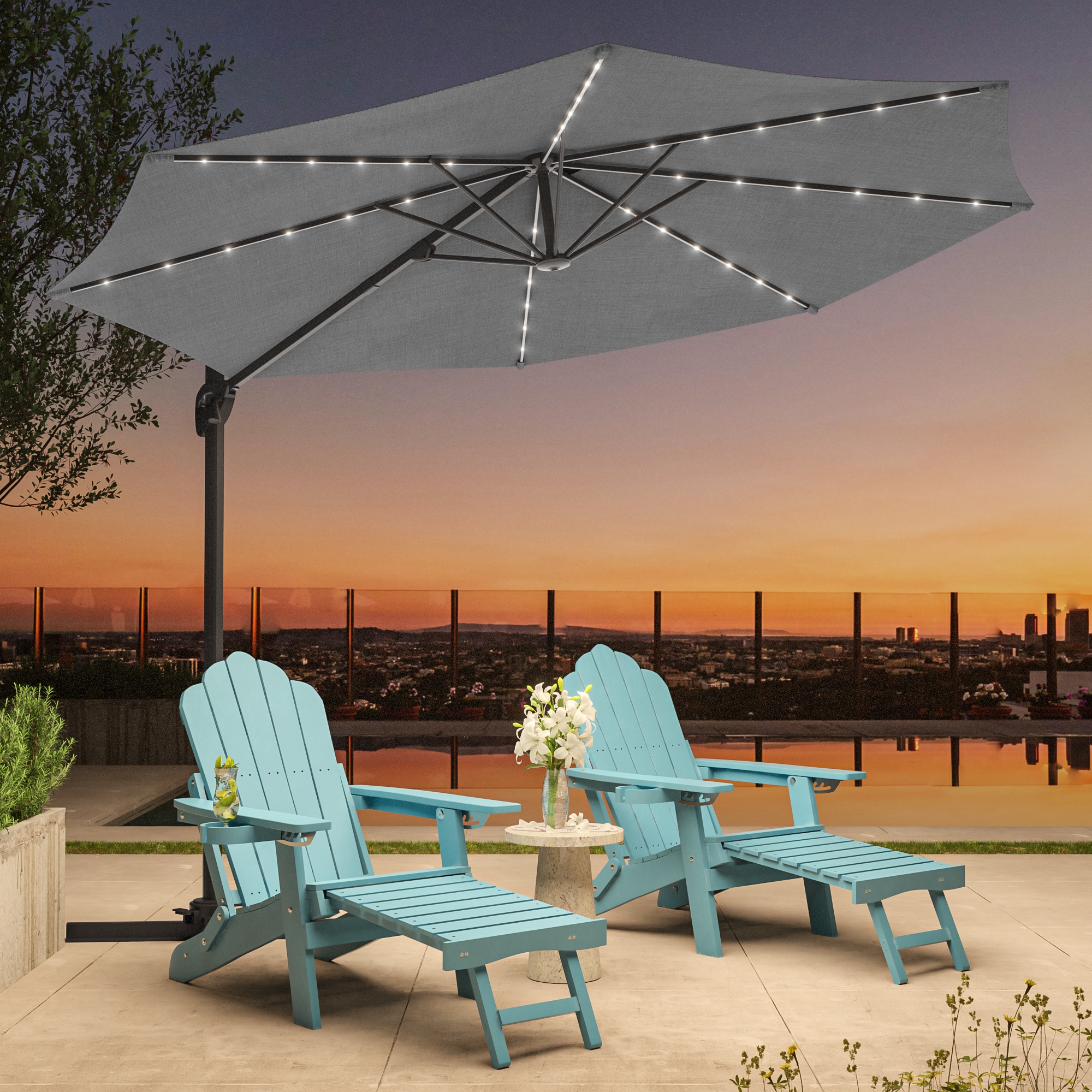 ACEGOSES LW-LED-330GY 10-ft Steel Gray No-tilt Cantilever Patio Umbrella with Lights