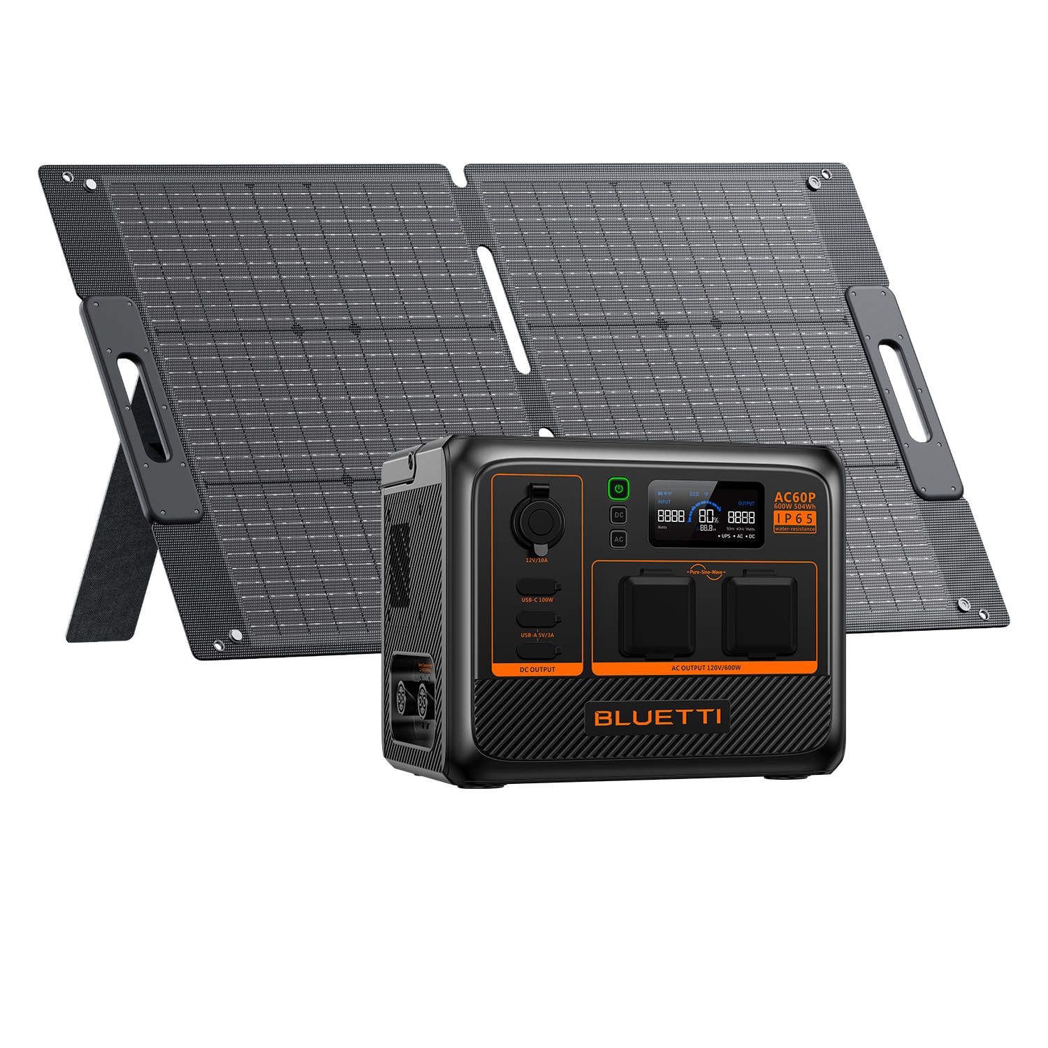BLUETTI AC60P+PV100-LWSUS Premium Series Solar Generator Kit 504Wh 600 -Watts Portable Power Station 1 Solar Panels Included