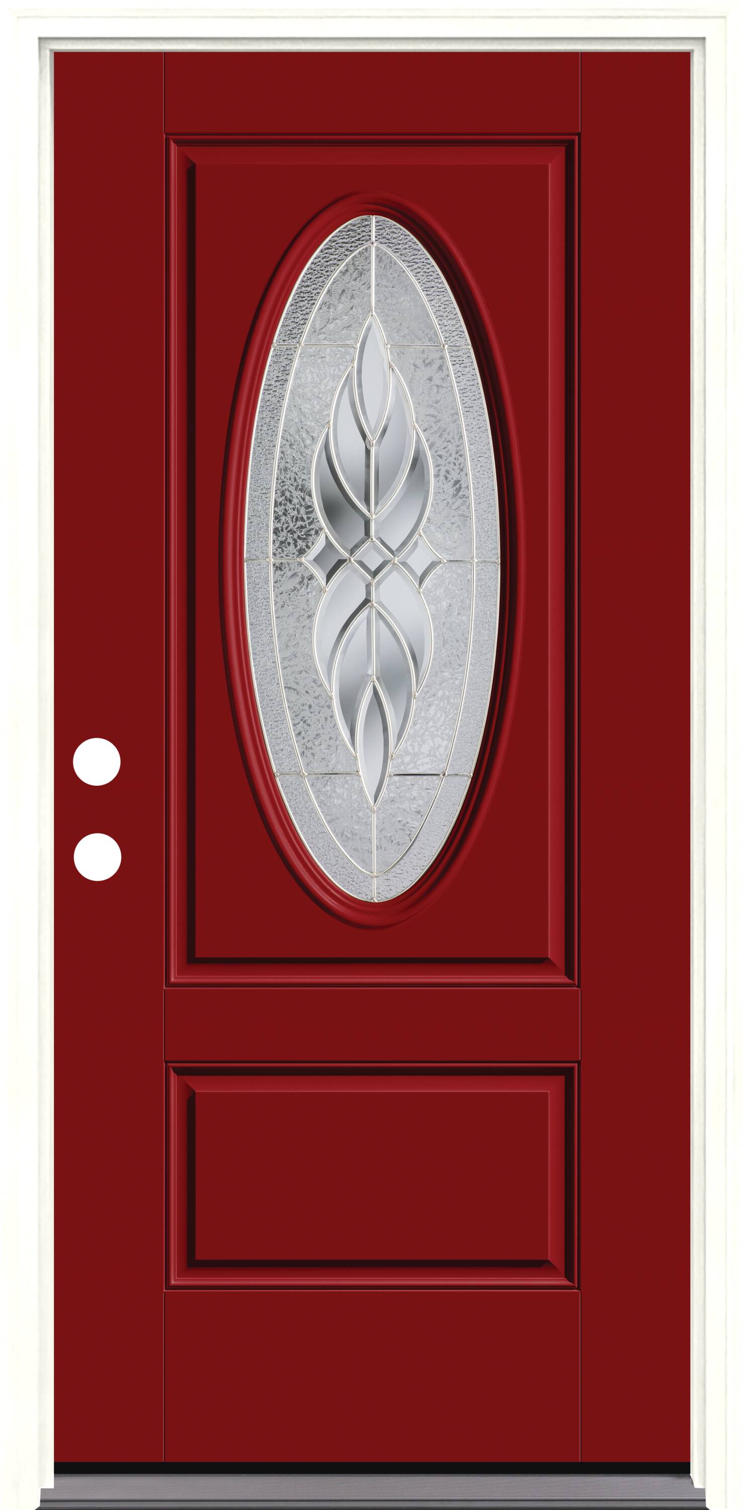 Therma-Tru Benchmark Doors TTB641565SOS Varissa Entry Door 36-in x 80-in x 4-9/16-in Fiberglass Oval lite Right-hand inswing Real Red Painted Prehung Front Door with Brickmould Insulating core