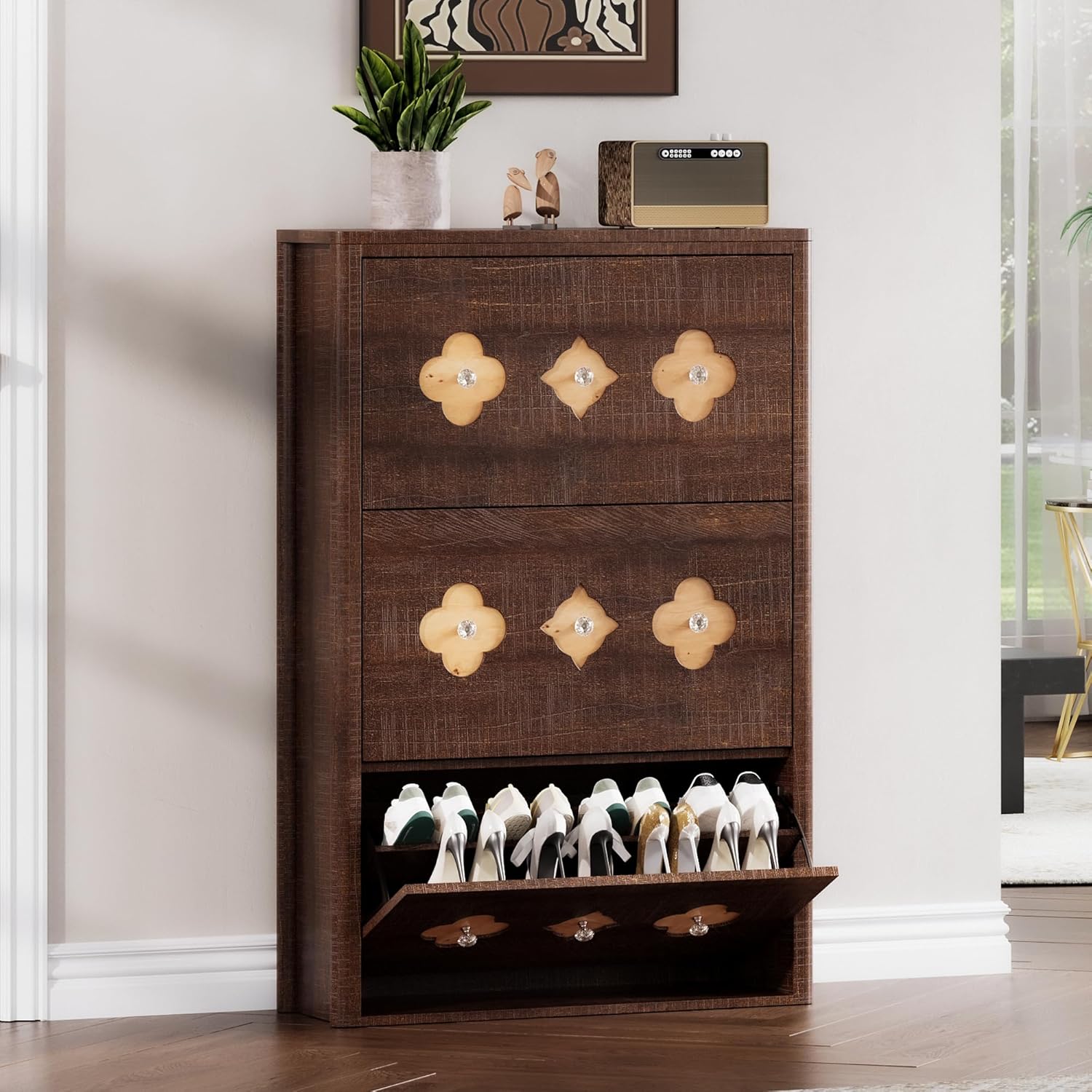 Garvee Shoe Cabinet with 3 Flip Drawers Hidden Shoe Cabinet with Hollow Out Flower Pattern Freestanding Slim Shoe Organizer Cabinet with Diamond Shaped Handles for Entryway Hallway Brown #OYF-PHK-36EJF57W