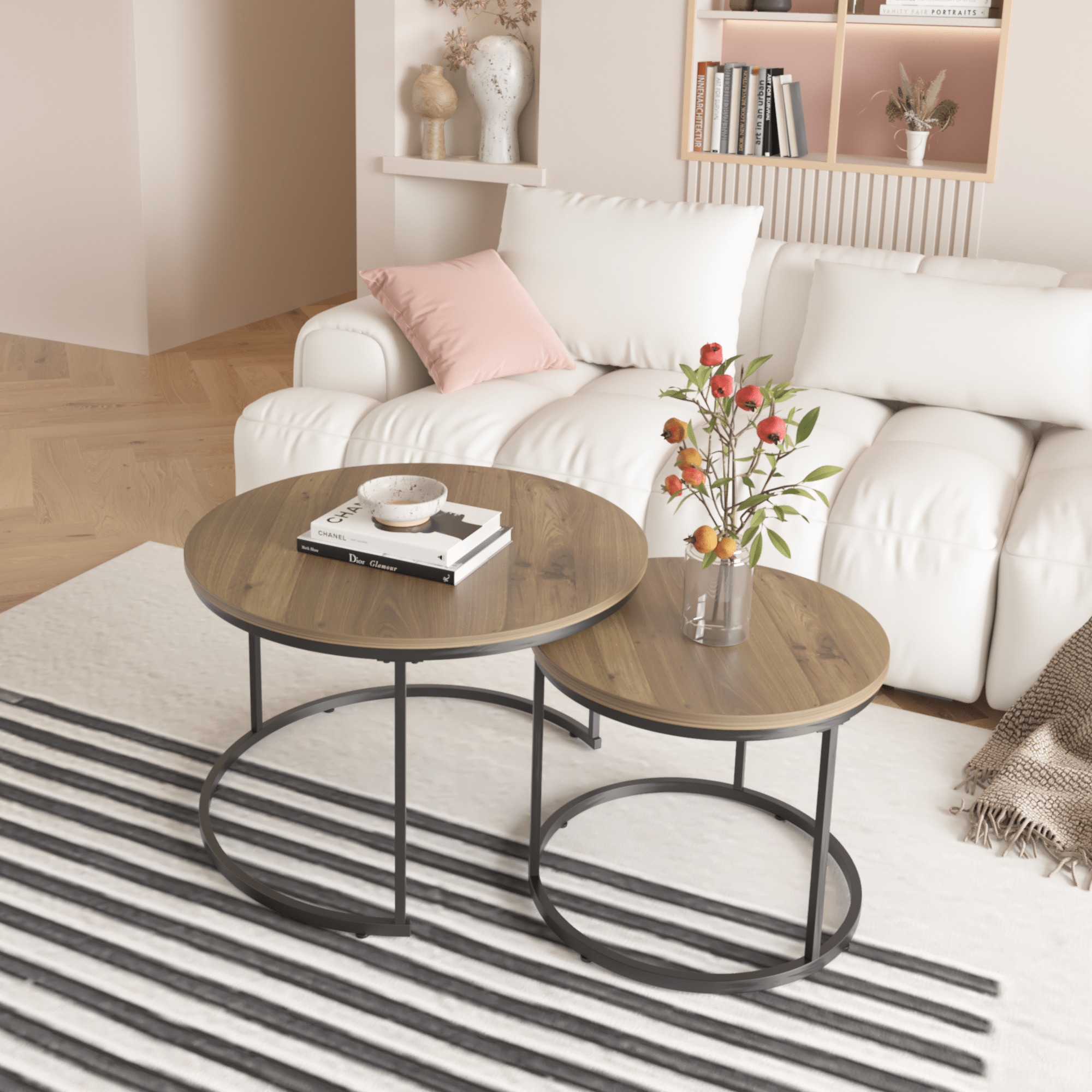 Vynxaria LESX0021-DJBZ-ET0018 Set of 2 Nesting Coffee Tables276in Round Tables with Wood Marble Pattern Top and Sturdy Metal FrameEnd Tables for Living Room Brown