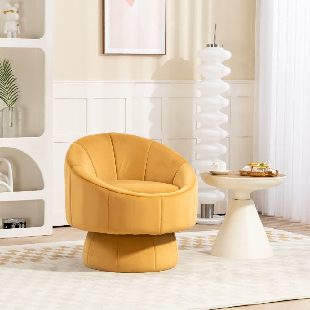 Coolbibila IAN-VELVET-YELLOW Yellow Velvet Upholstered Modern Swivel Accent Chair with Wood Frame and Cushion for Living Room