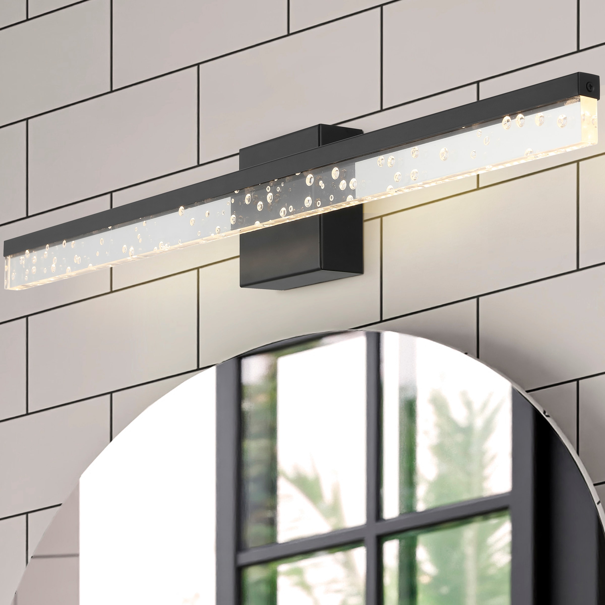 JONATHAN  Y JYL7129A Ingres Iron/Seeded Acrylic 360-Degree Rotatable Integrated 30-in 1 -Light Satin Black Integrated LED Modern/contemporary Vanity light