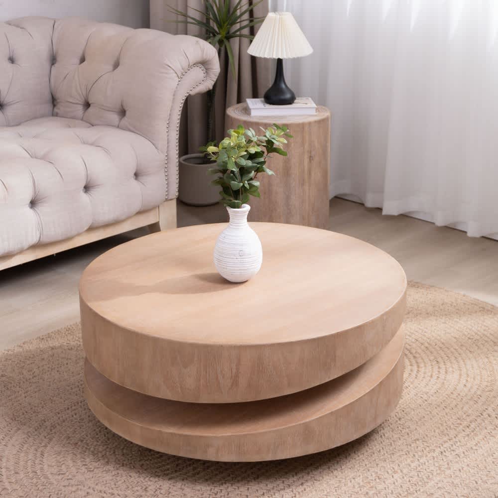 Coolbibila NOAH-COFFEE-NATURAL 31 Inch Round Wood Coffee Table with Natural Finish and Two Tier Design for Living Room or Apartment
