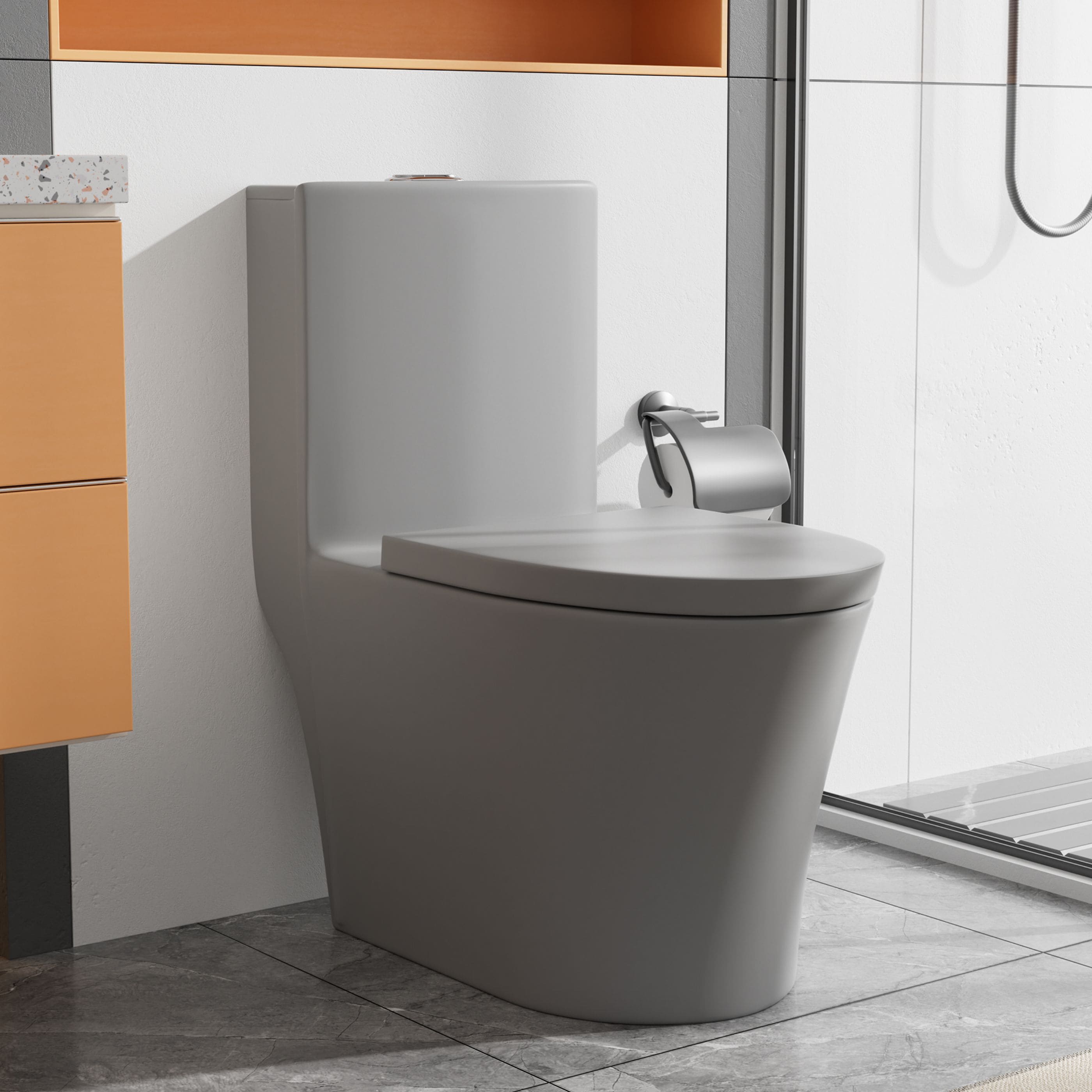 WELLFOR QPZ-TM26008 TB Gray Elongated Standard height 12-in Rough-In WaterSense 1.6 GPF Dual Slow Close Feature 1-piece Toilet