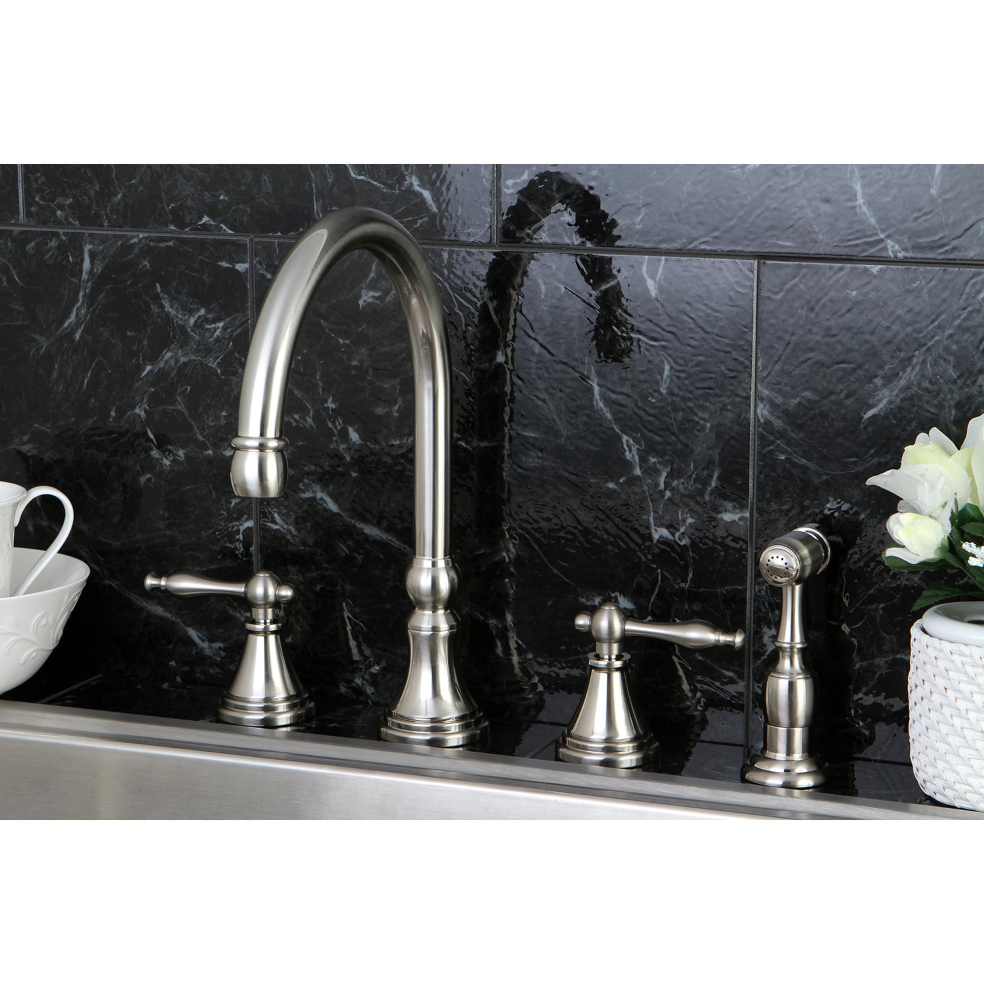 Elements of Design ES2798NLBS Satin nickel Double Handle Deck-mount Kitchen Faucet (Includes Side Sprayer)