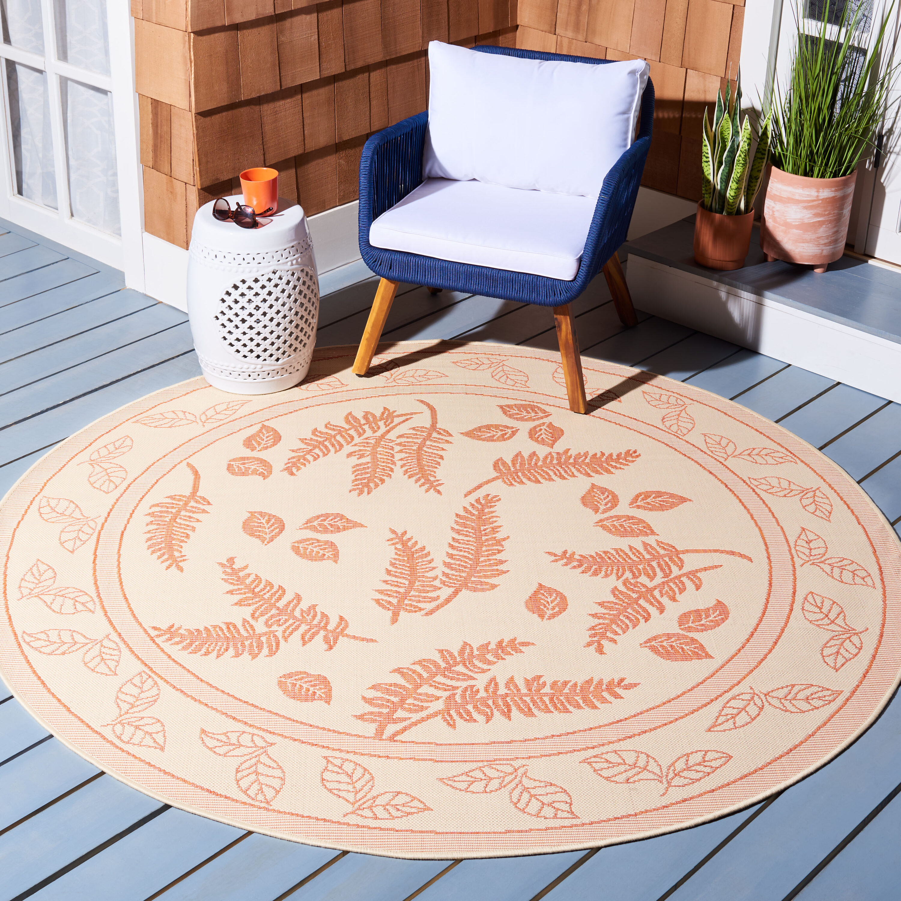 Safavieh CY0772-3201-7R Courtyard Florette 7 x 7 (ft) Loomed Polypropylene Natural/Terra Round Indoor/Outdoor Floral/Botanical Coastal Area rug