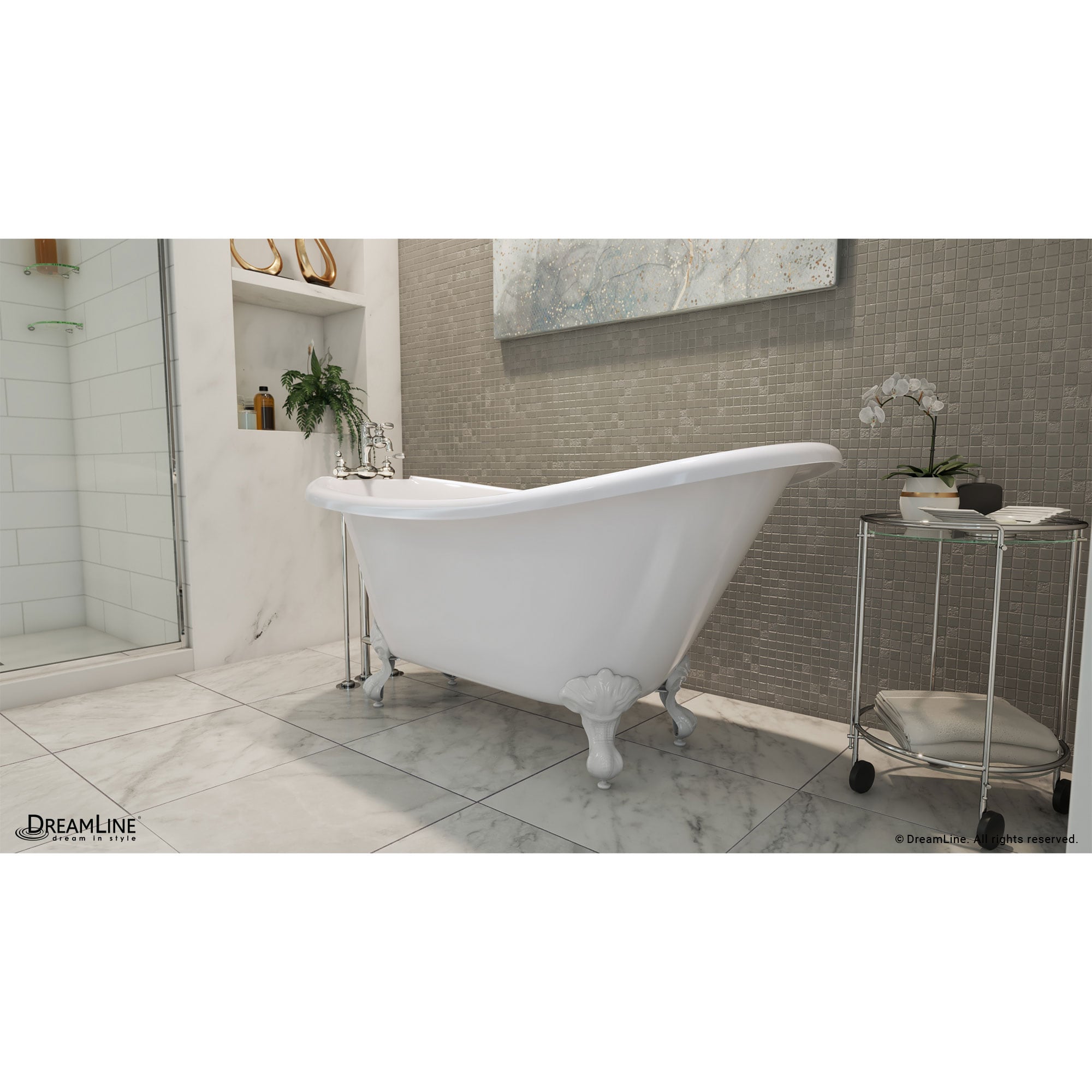 DreamLine BTAC6228FFXXF00 Atlantic 28.375-in x 61-in White Acrylic Oval Clawfoot Soaking bathtub ( Reversible Drain )